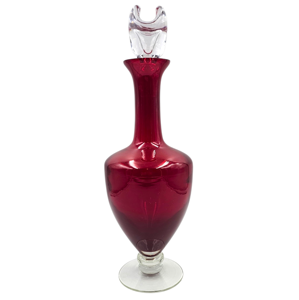 CARAFE EN VERRE SUR PIED COULEUR GORGE DE PIGEON ET SON CABOCHON 
