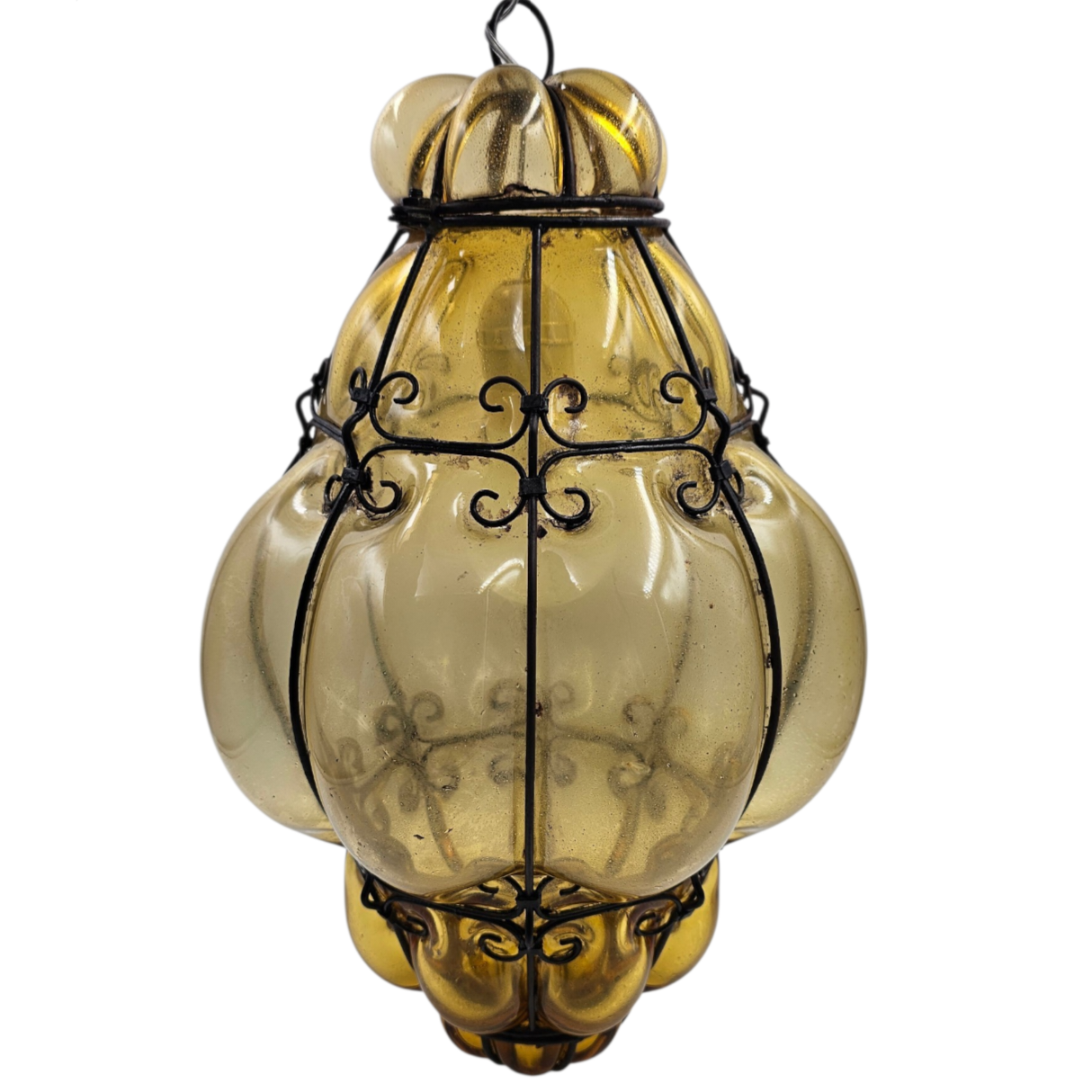 LANTERNE VENITIENNE EN VERRE AMBRE SOUFFLE DE MURANO ENCAGE FER FORGE H 38CM