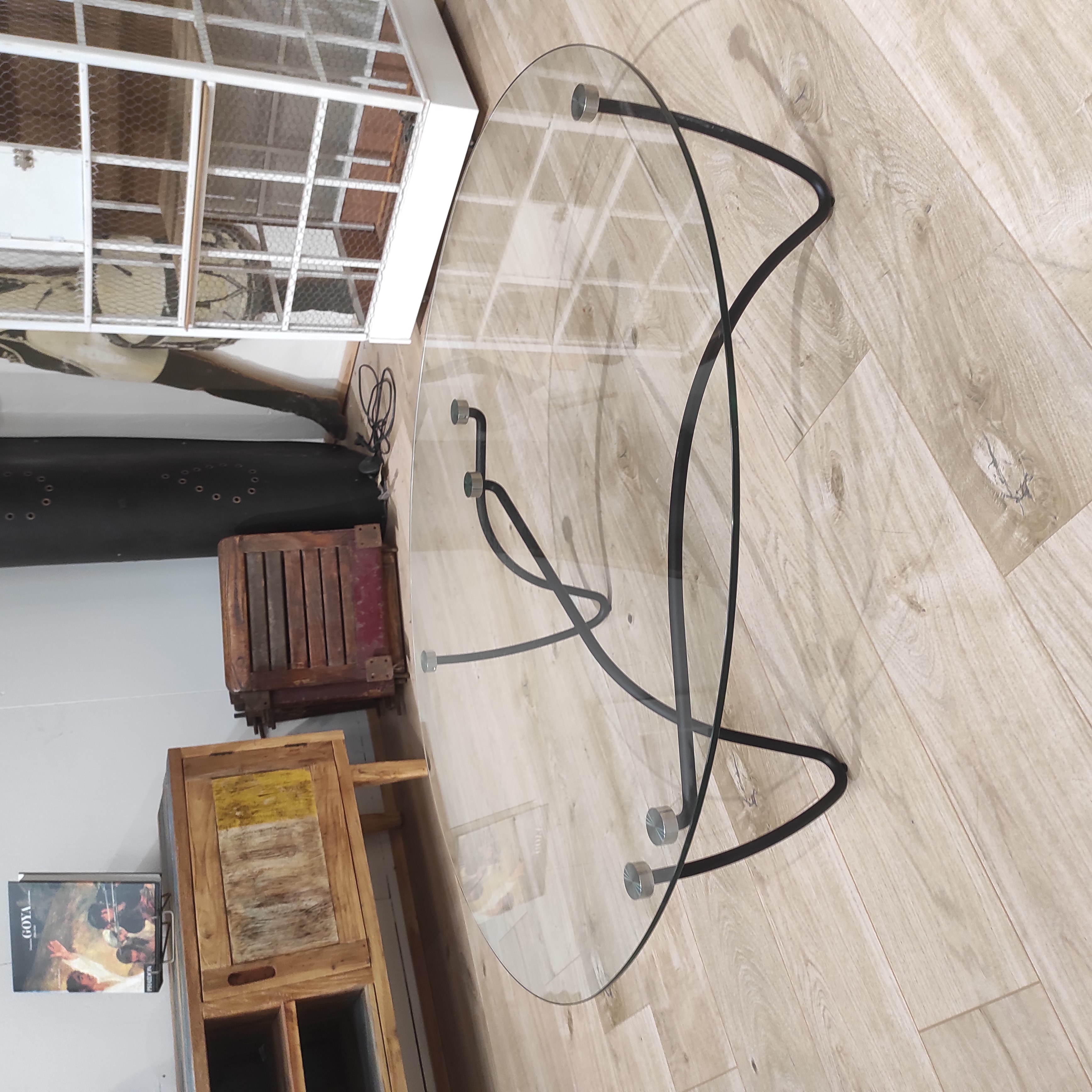 LIGNE ROSET TABLE BASSE RYTHME PIETEMENT TUBULAIRE ACIER PLATEAU VERRE 110/30/90