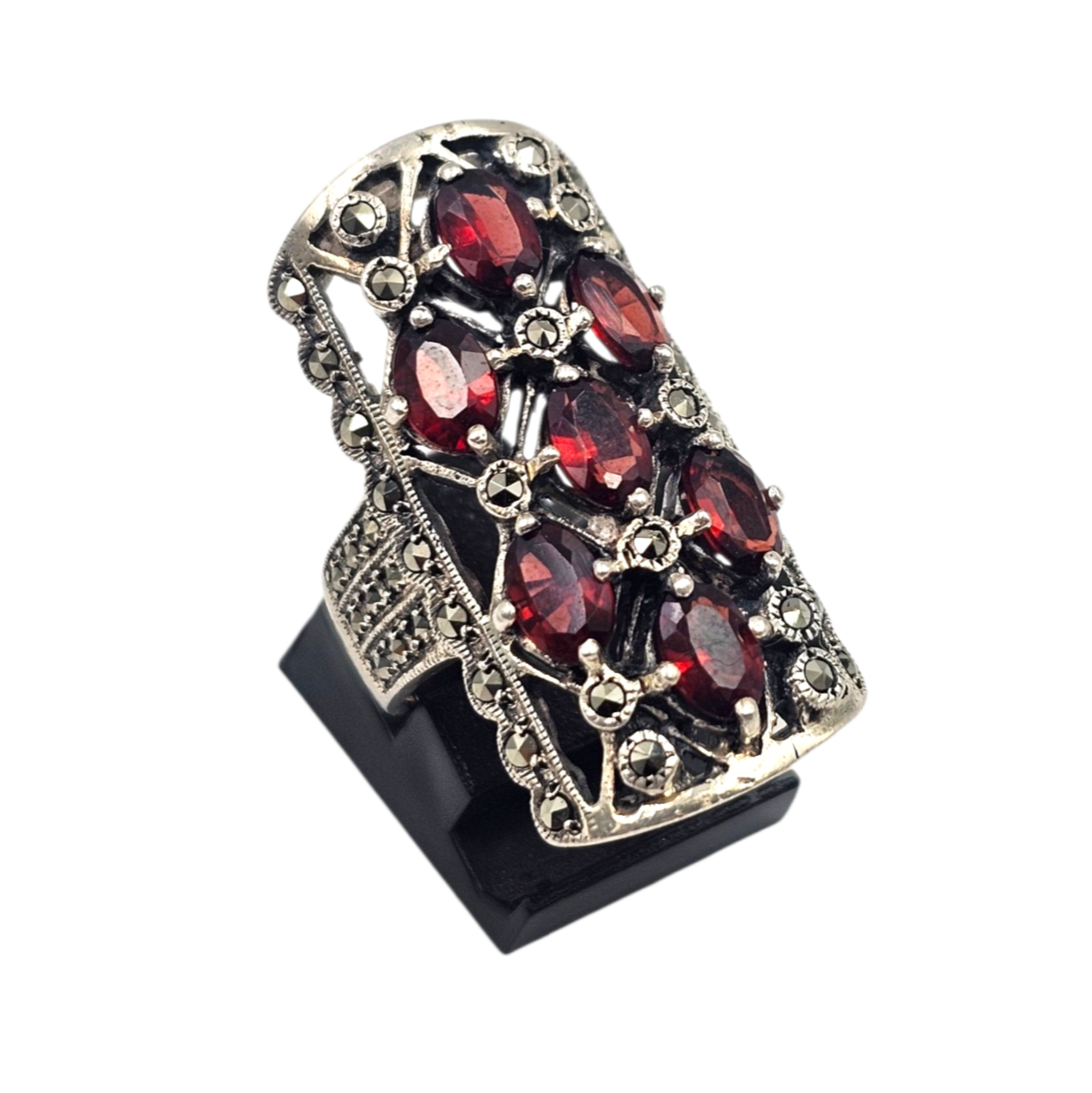 BAGUE EN ARGENT (925 MINERVE) 7 STRASS GRENAT ET MARCASSITES T.52 PB 12.77 GR