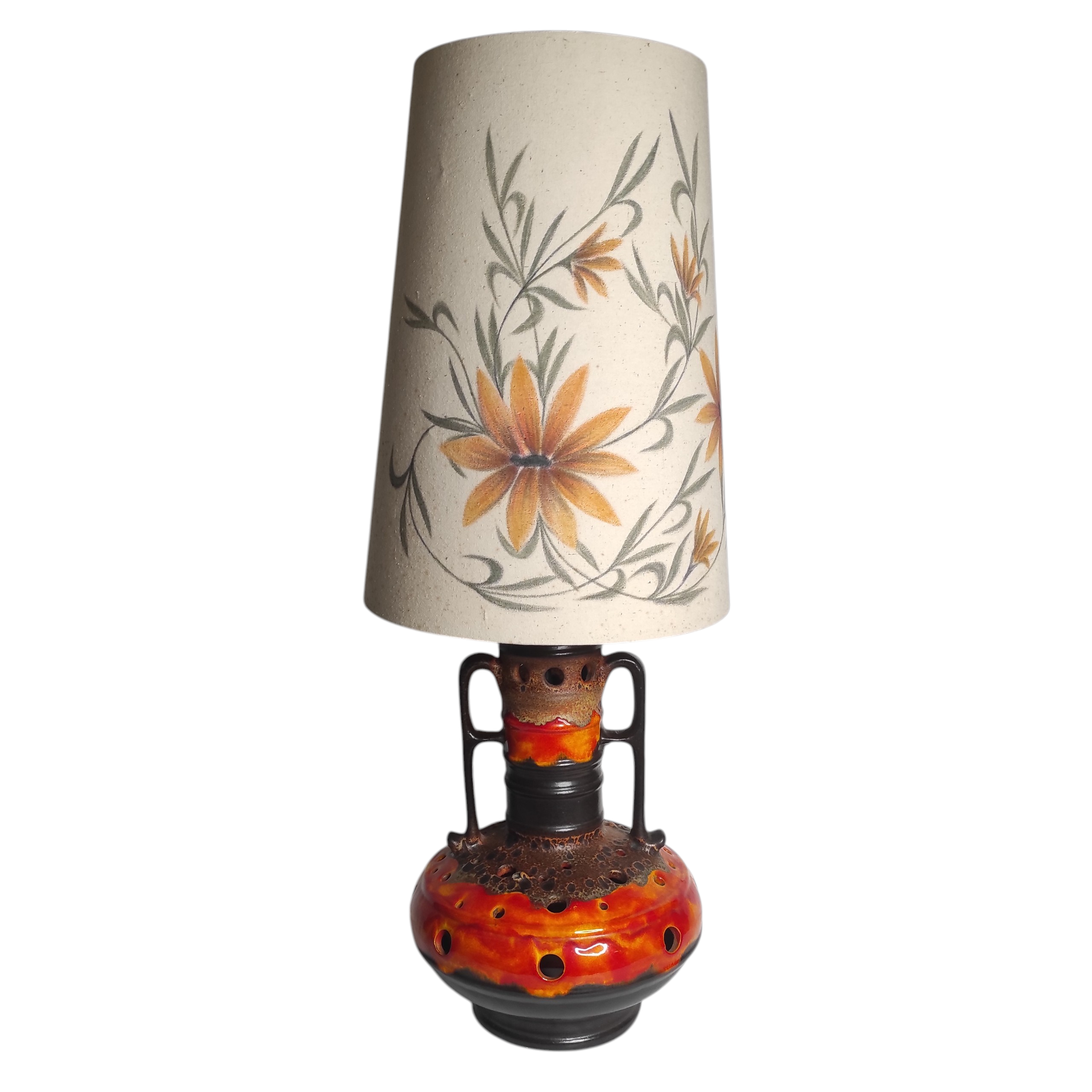 LAMPE CRATERE ORANGE ET BRUNE ANNEES 60 A DOUBLE ECLAIRAGE H 102 CM