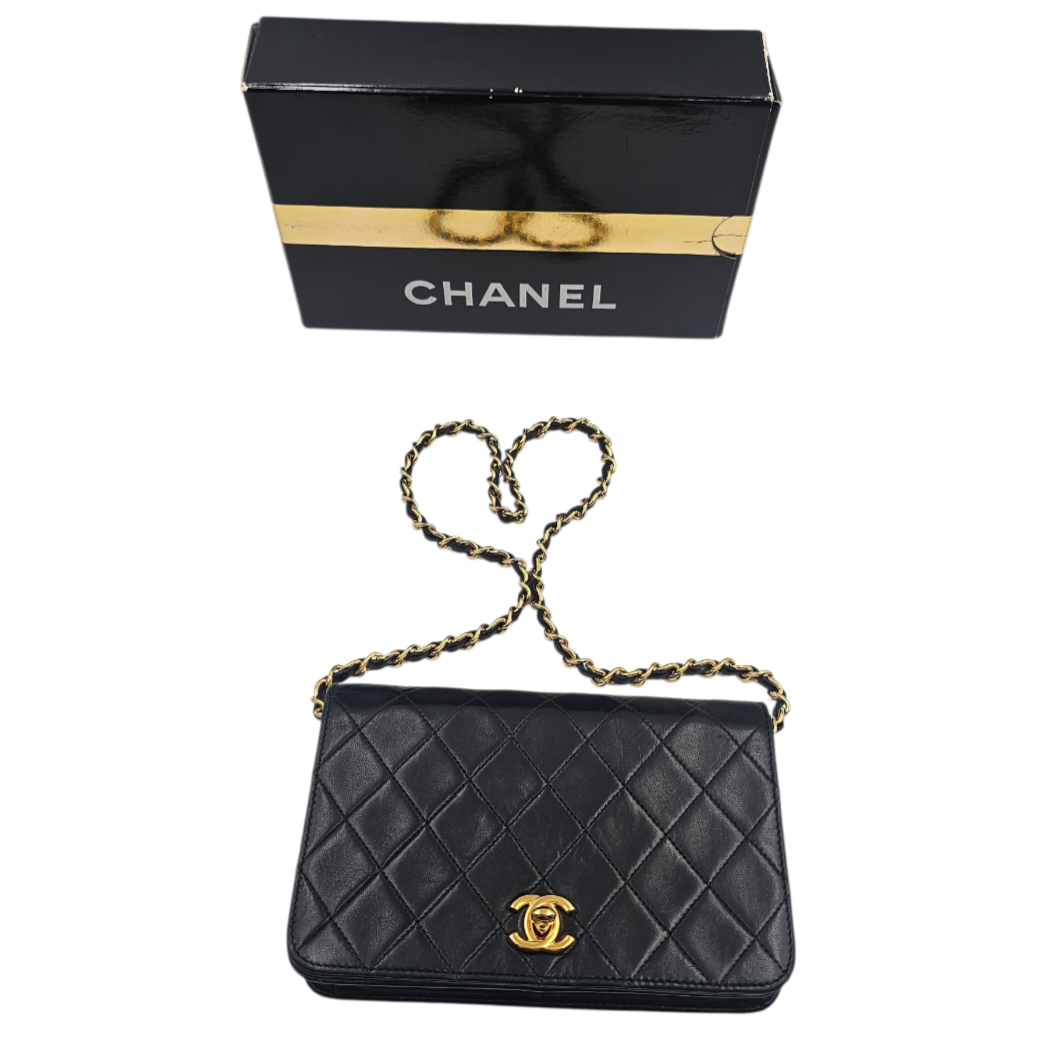 CHANEL SAC MINI FLAP BAG PRE-SERIE 1978-1982 CUIR NOIR + DUST BAG + BOITE