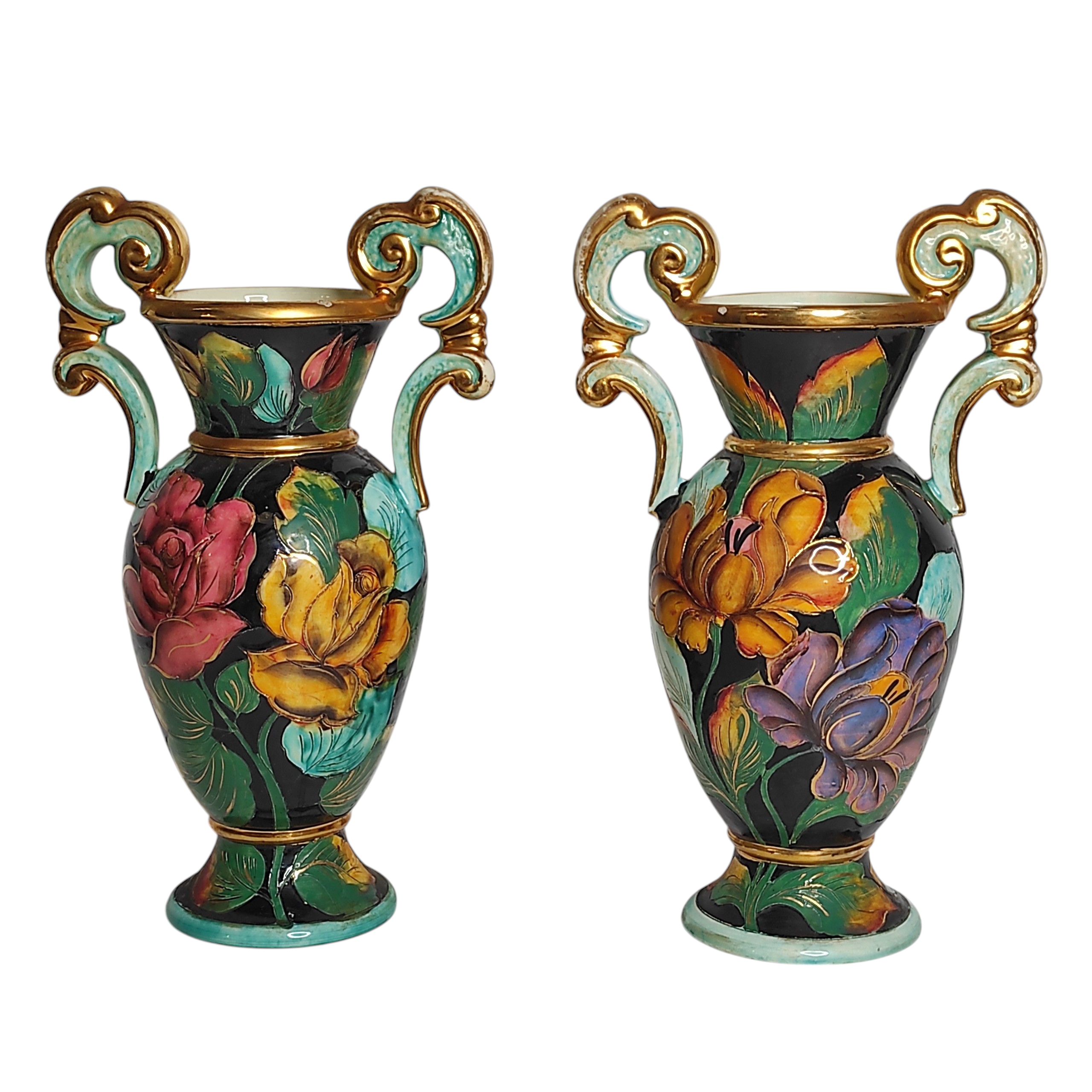 VALLAURIS PAIRE DE VASES 42 CM DECOR FLEURI ANSES DOREES ANNEES 50