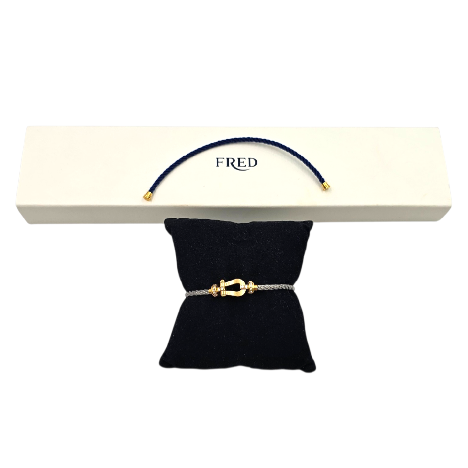 FRED BRACELET FORCE 10 EN OR (AU750) SEMI-PAVE DIAMANTS (1377374) 2 CABLES ACIER CORDERIE