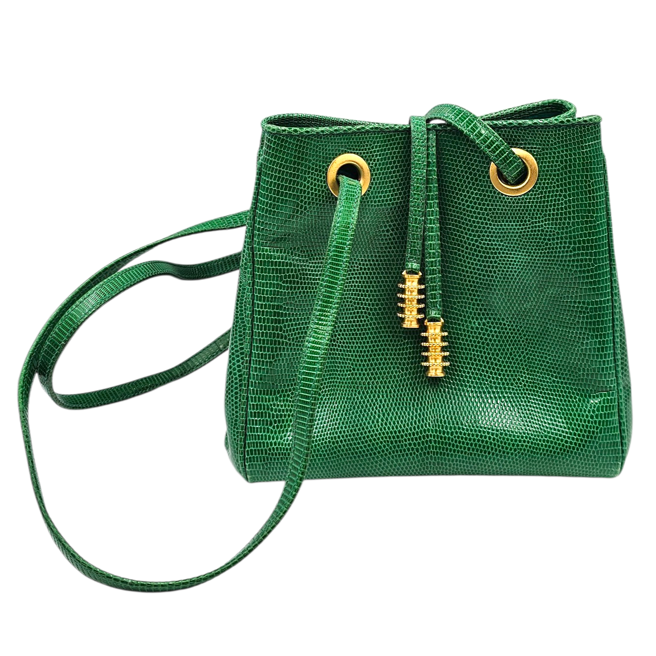 LOEWE SAC SEAU EN CUIR DE LEZARD VERT BIJOUTERIE DOREE CIRCA 1980 + CERTIFICAT