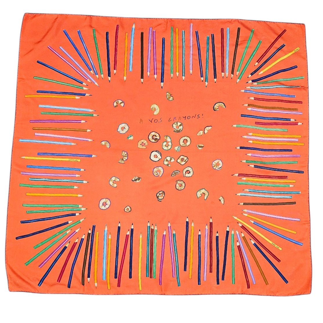 HERMES CARRE A VOS CRAYONS DE P. COOKE LEIGH FOND ORANGE + BOITE (TACHES)