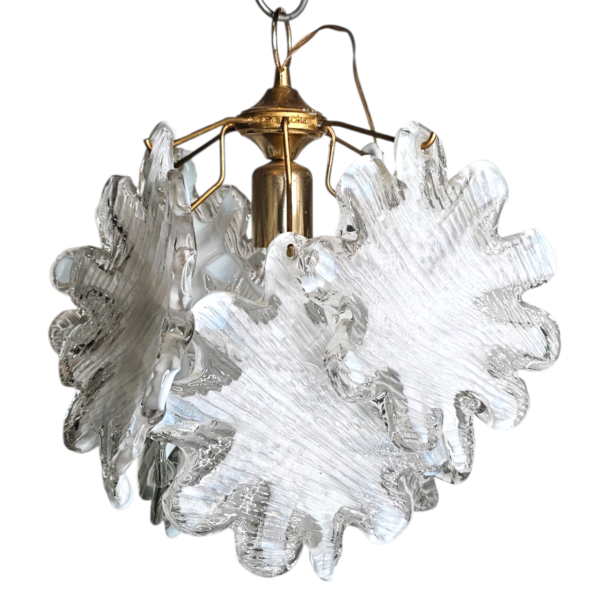 SUSPENSION EN LAITON DORE ORNEE DE FEUILLES EN VERRE SOUFFLE DLG MURANO