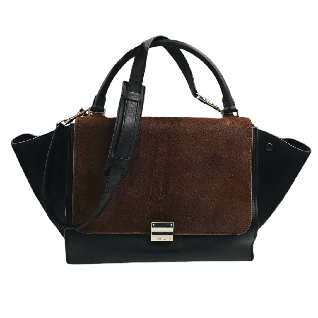 CELINE SAC TRAPEZE (F-CE-0153) CUIR NOIR ET VEAU POIL RAS MARRON + DUST BAG
