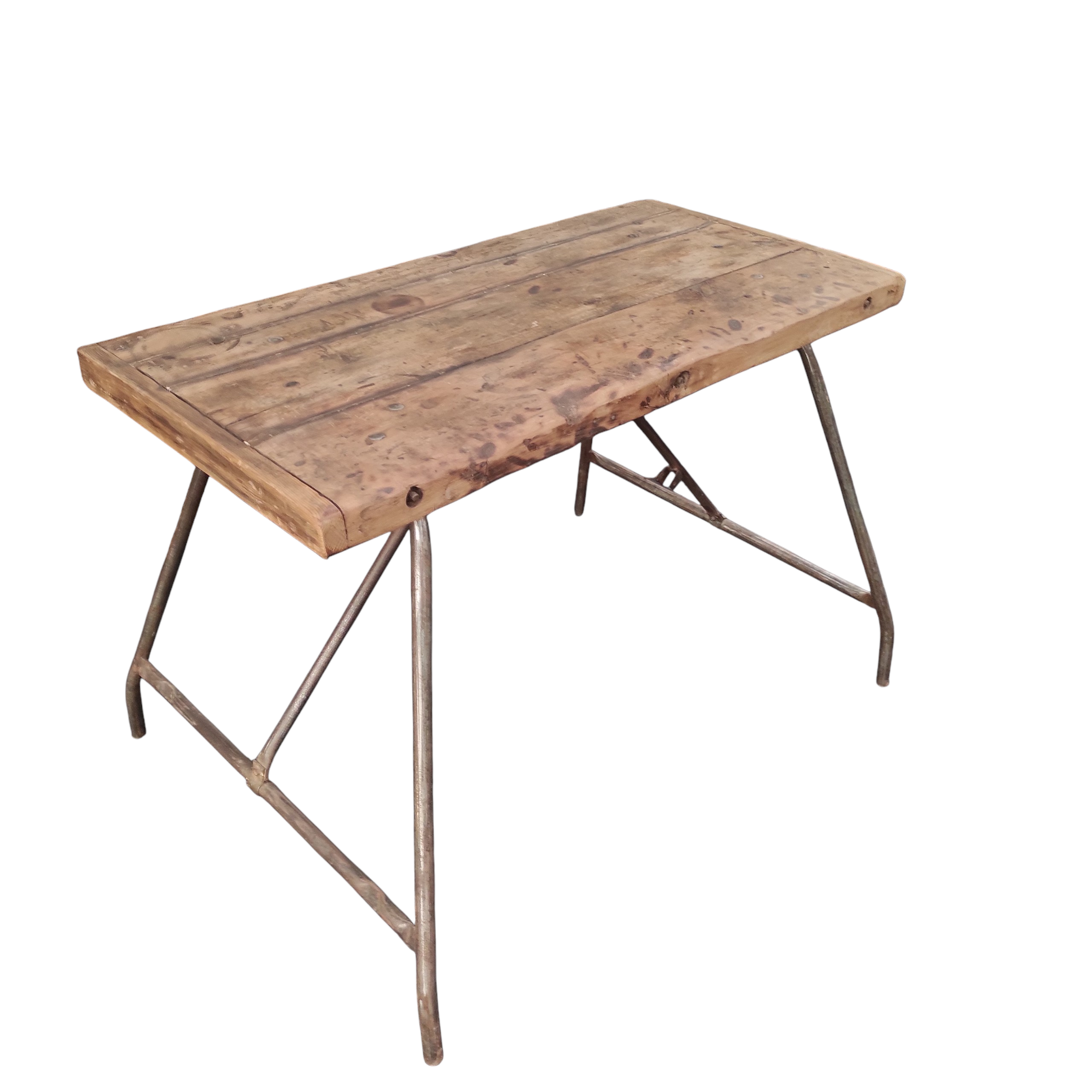 TABLE HAUTE INDUS 120/83/59 CM PLATEAU EPAIS SUR PIETEMENT FER PLIANT.