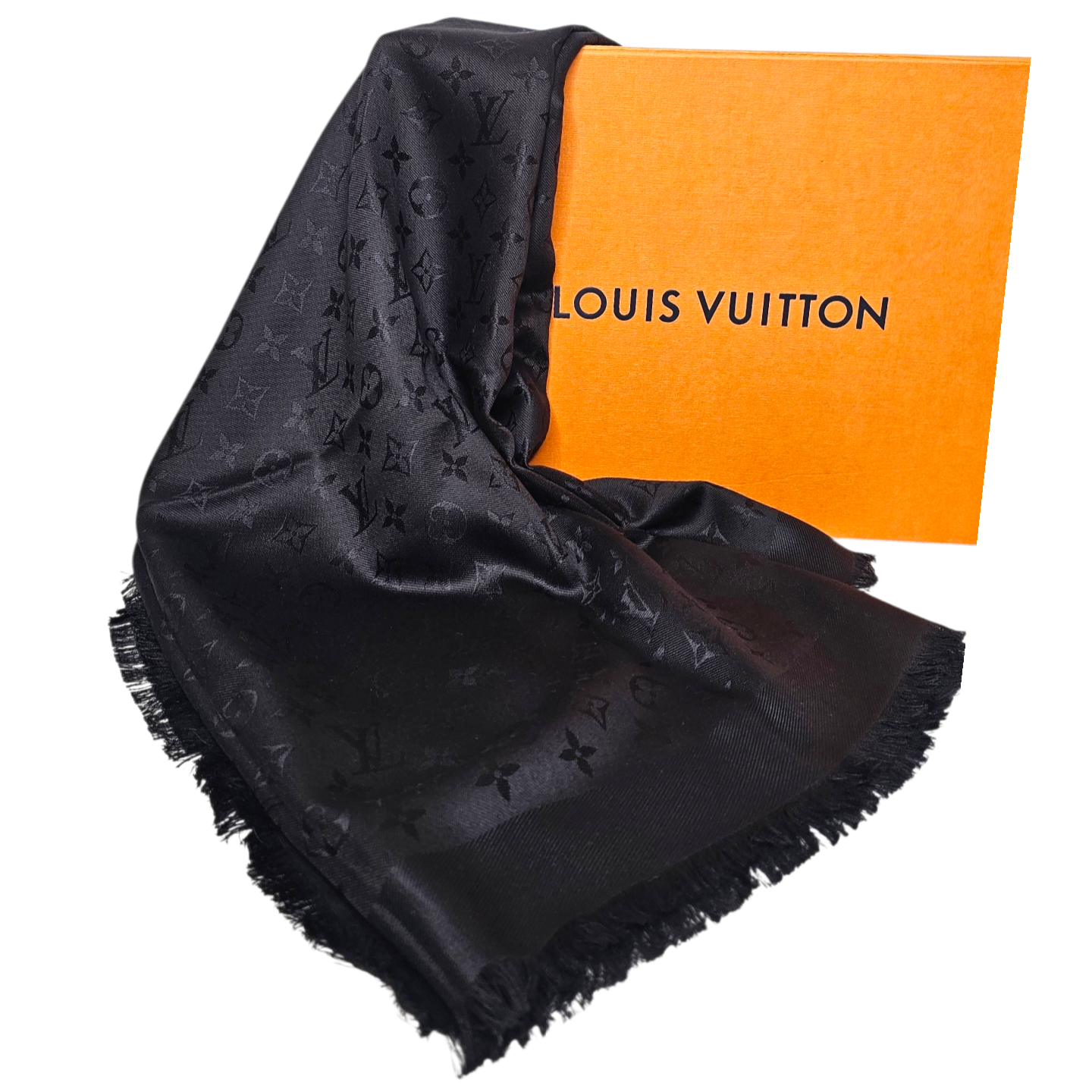 LOUIS VUITTON CHALE MONOGRAM 60% SOIE 40% LAINE NOIRE 145 x 145 CM ENV + BOITE