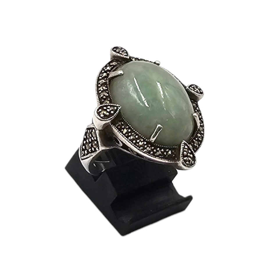 BAGUE STYLE ART DECO EN ARGENT (925) CABOCHON JADE ET MARCASSITES PB 12.46 GR