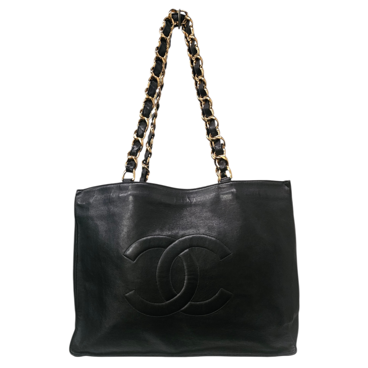CHANEL SAC FOURRE-TOUT CUIR NOIR BIJOUTERIE PLAQUE OR VINTAGE CIRCA 1990
