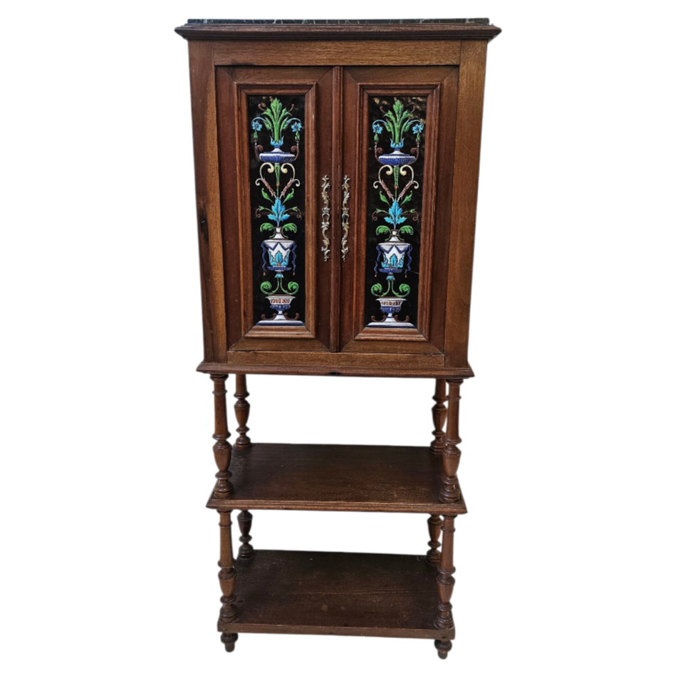 MEUBLE VITRINE PLATEAU MARBRE A DECOR FLORAL EMAILLE 54 X 127 X 28 CM