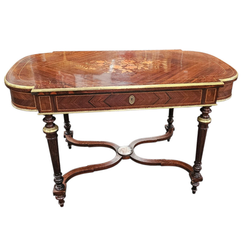 TABLE DE MILIEU ENTRETOISE NAPOLEON III MARQUETERIE BOUQUET DE FLEURS 124X76X68 