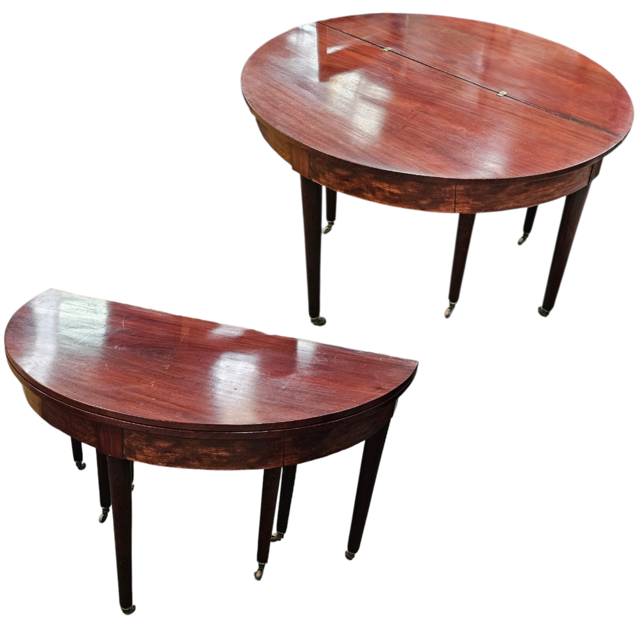 TABLE DEMI LUNE CONVERTIBLE A 6 PIEDS EN ACAJOU DIAMETRE 120 OU 60 CM