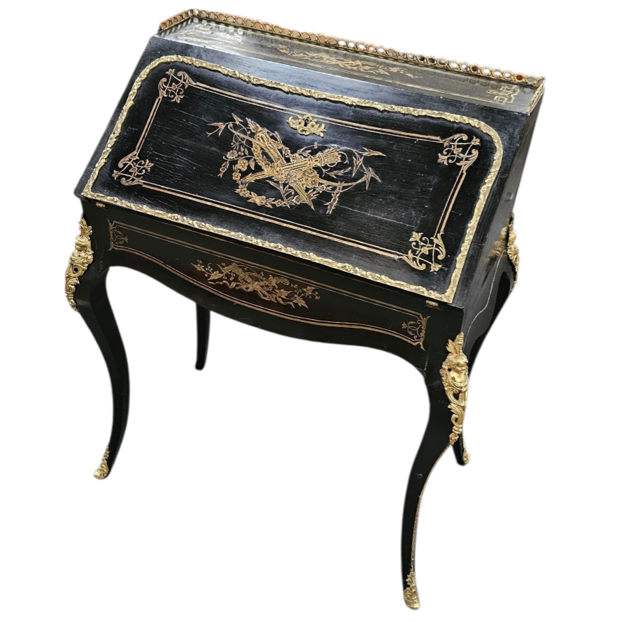  BUREAU DE DAME NAPOLEON III POIRIER NOIRCI COMPOSITION LAITON CISELE 96X70X45 