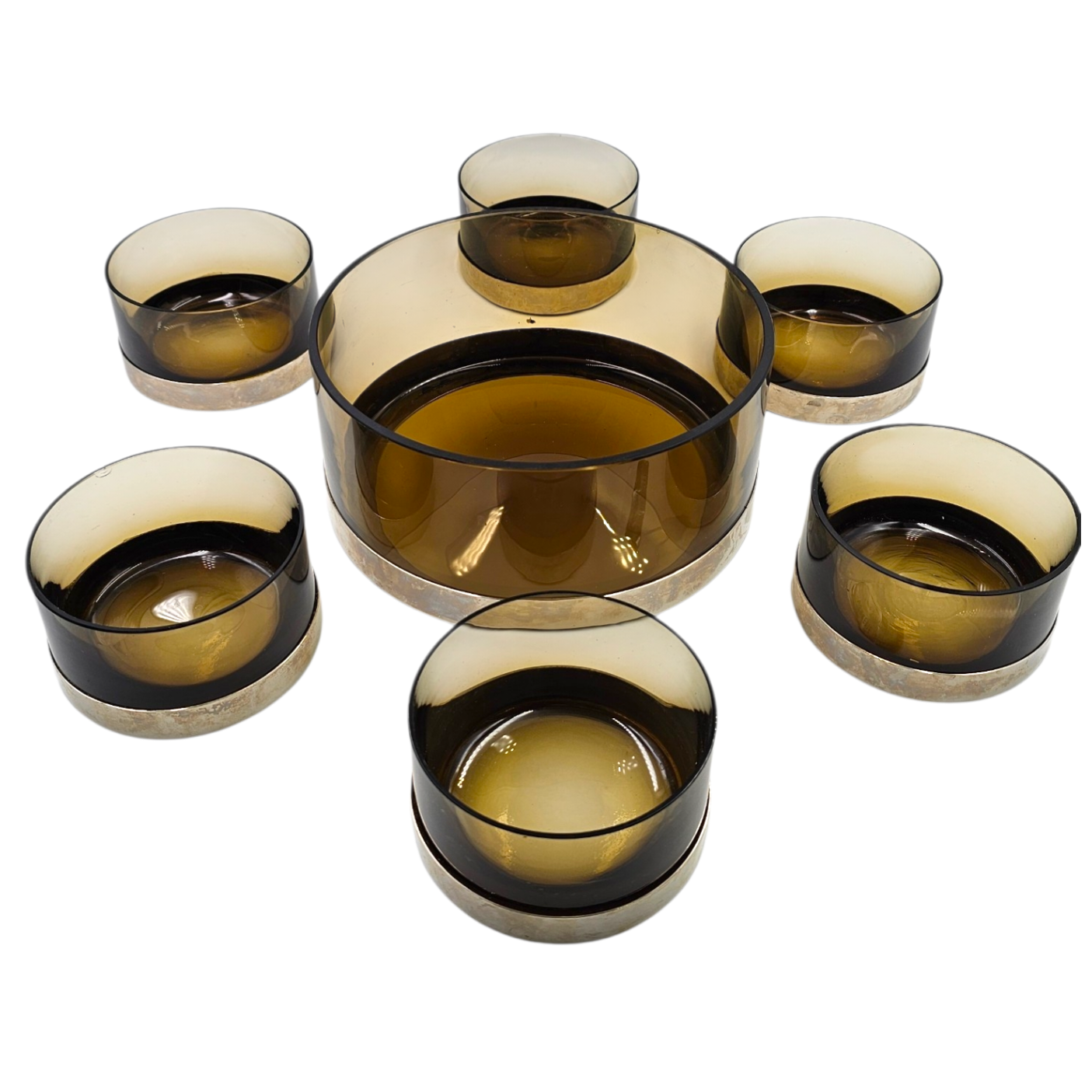 PIERRE SCHNEIDER? SERVICE A FRUITS 6 PERS. VERRE FUME & METAL 1970 (1 ECLAT)