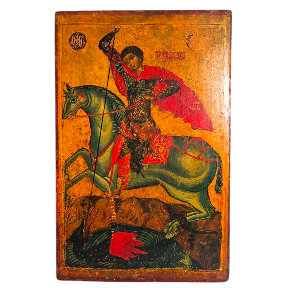 ICONE RELIGIEUSE ST GORGES TERRASSANT LE DRAGON SUR PANNEAU EN BOIS 57X37CM
