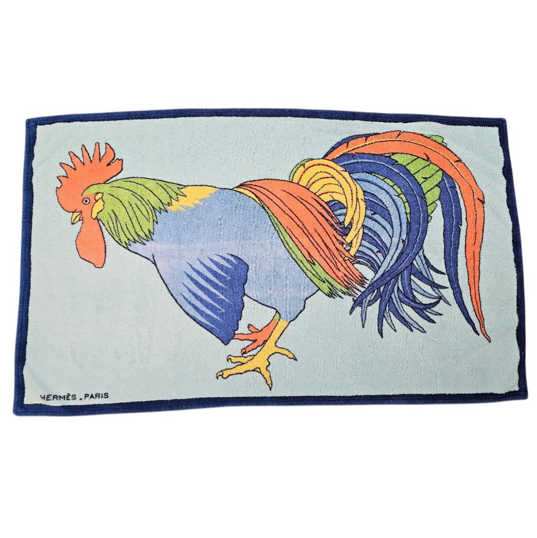 HERMES DRAP DE BAIN LE COQ CONTOUR BLEU 100% COTON 140 x 85 cm