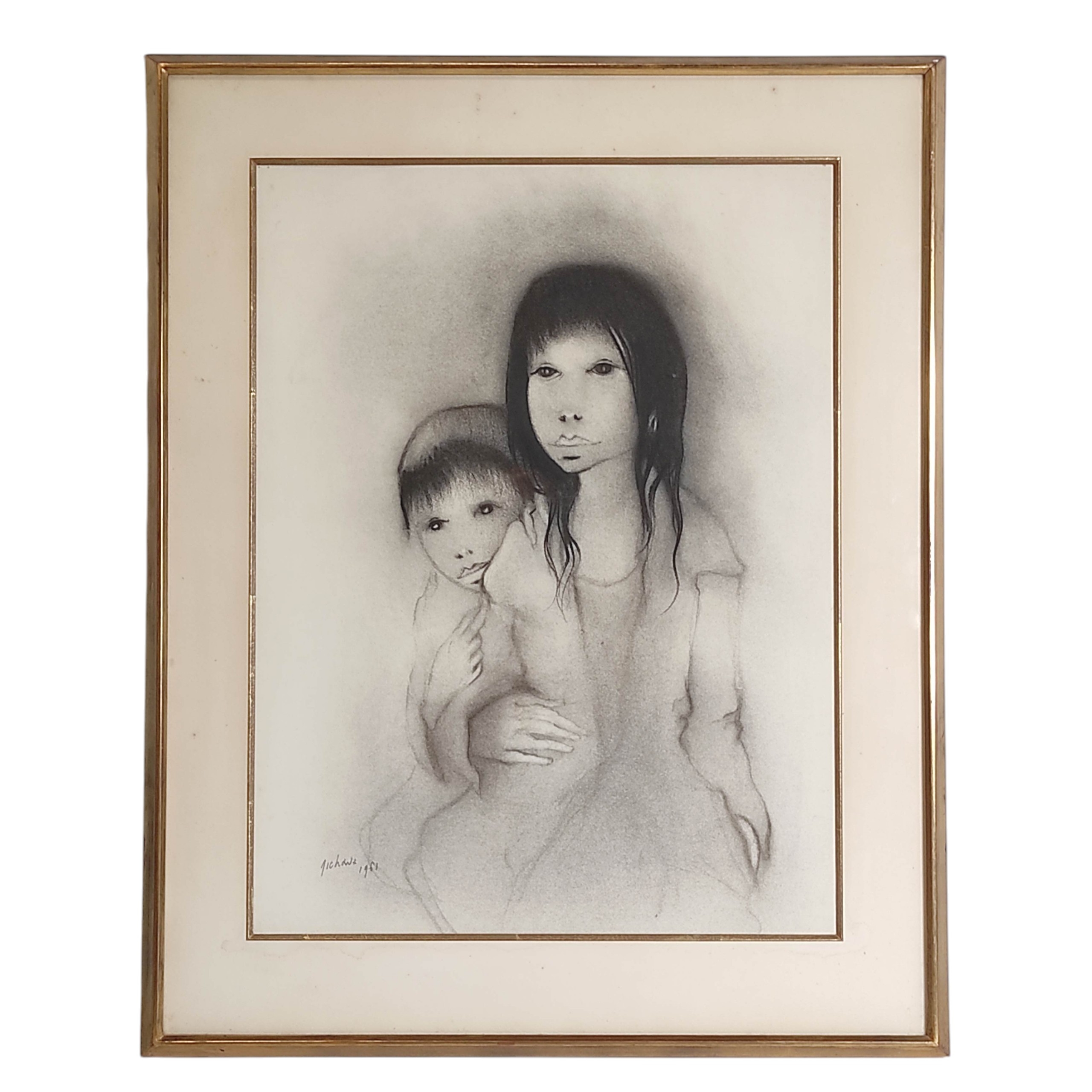 MICHAUX FUSAIN LA FEMME ET L ENFANT 63 x 47 CM