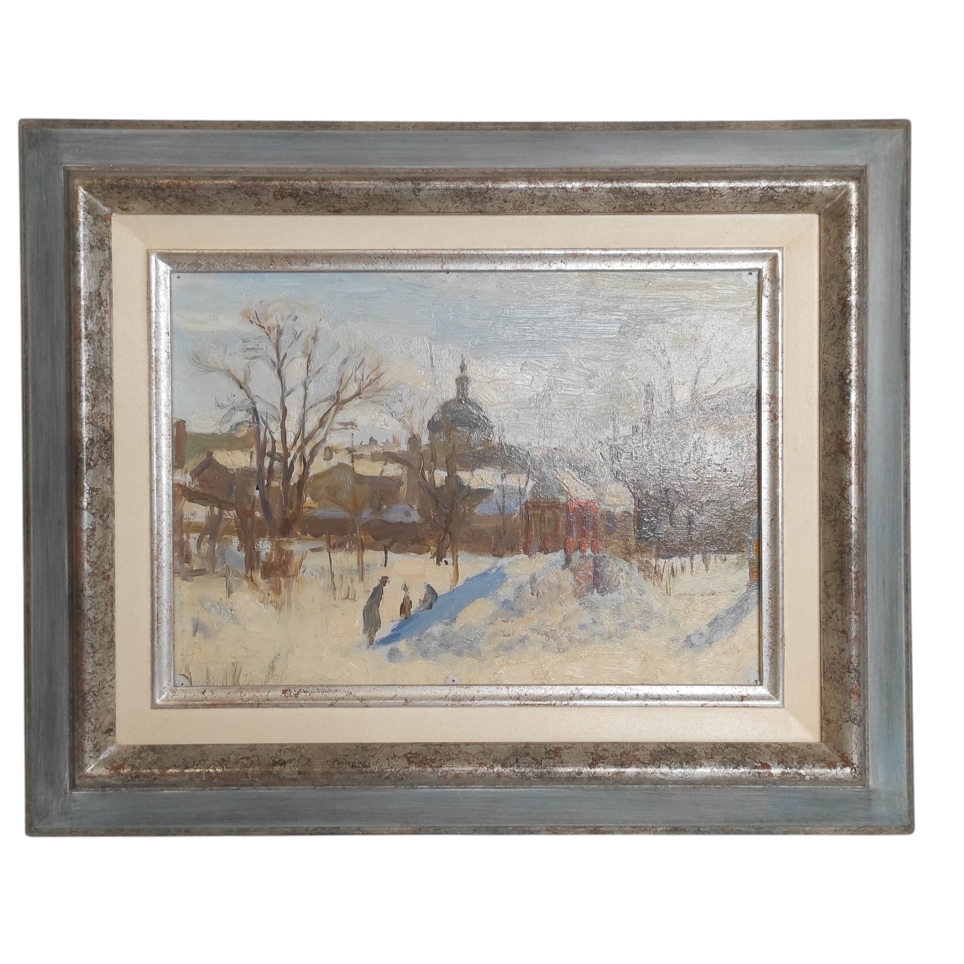 HSP PEINTURE RUSSE VUE DE VILLE SOUS LA NEIGE 34 x 24 CM HC