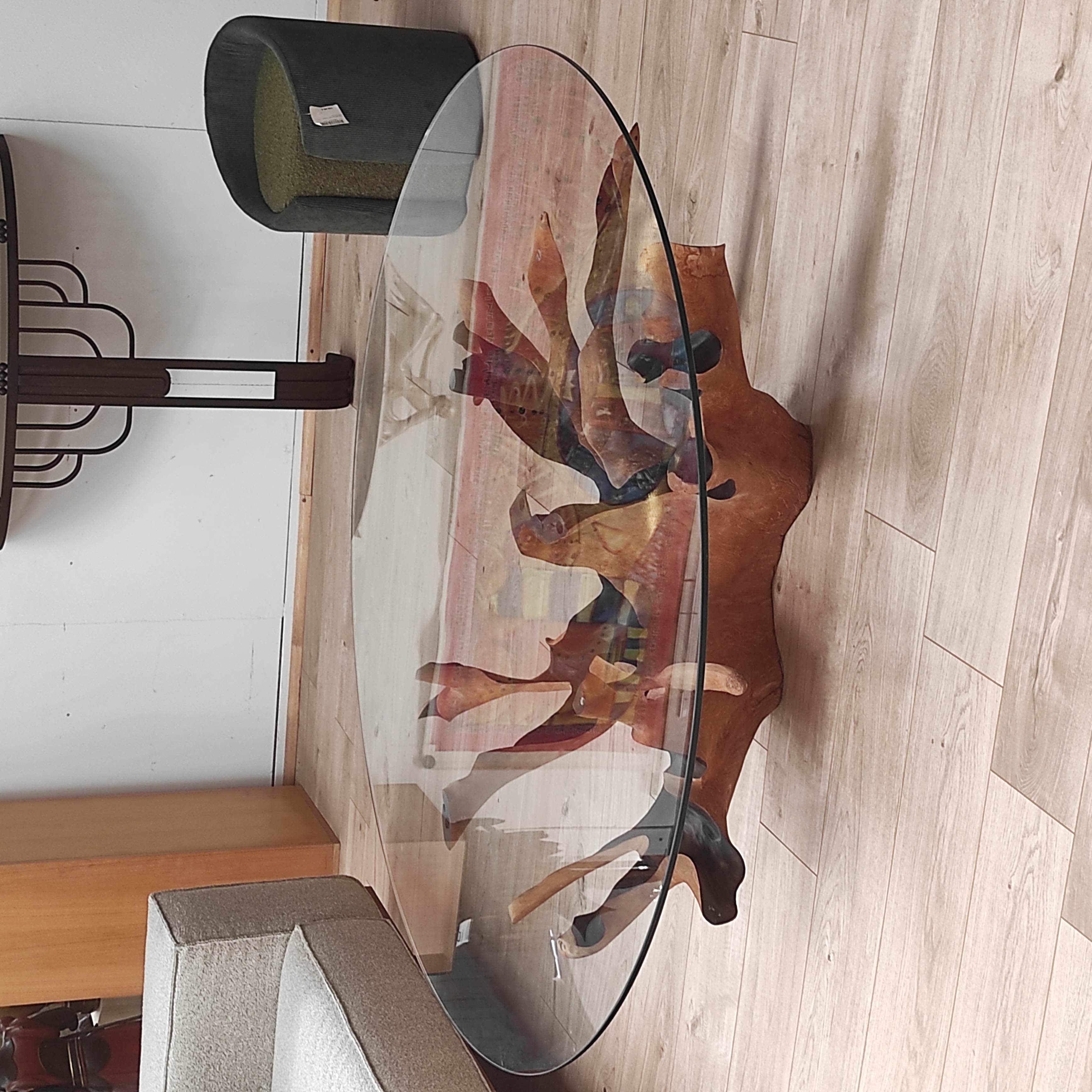 28520 IMPORTANTE TABLE BASSE RACINE PLATEAU VERRE 150/41 CM