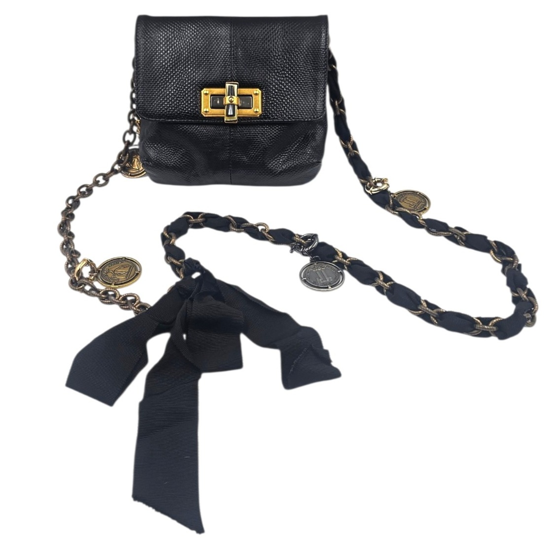 LANVIN SAC BANDOULIERE MINI POP HAPPY CUIR DE LEZARD NOIR CHAINE LAITON VIEILLI