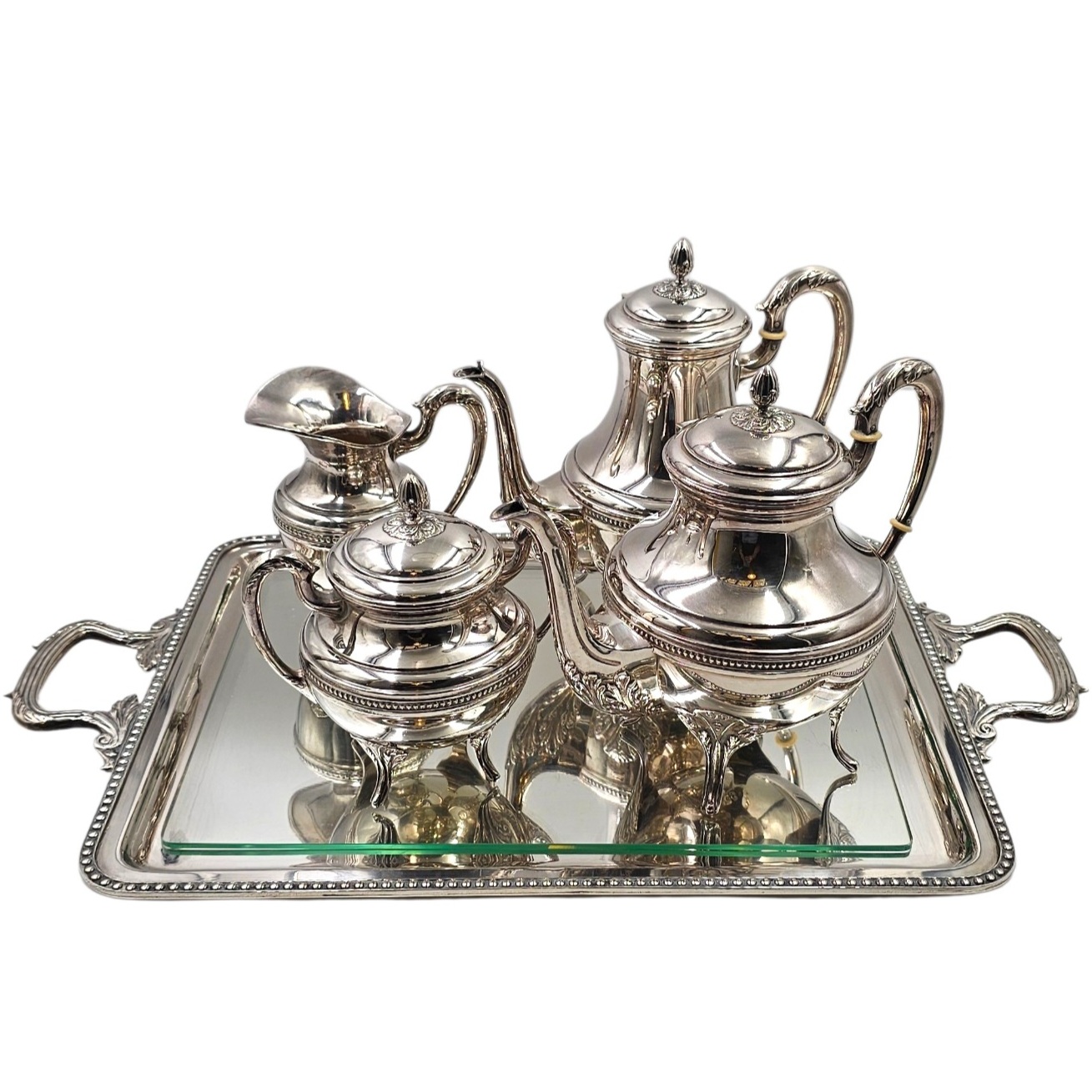 SERVICE A CAFE ET THE AVEC PLATEAU 5 PIECES EN METAL ARGENTE 