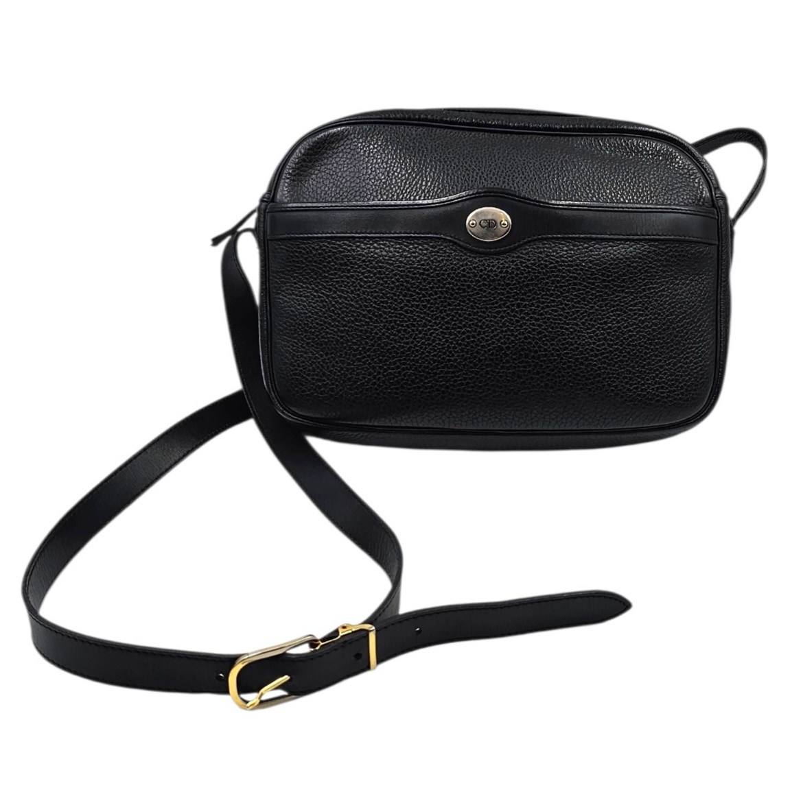 CHRISTIAN DIOR SAC REPORTER CUIR NOIR POCHETTE AMOVIBLE CIRCA 1980-1990 + DB