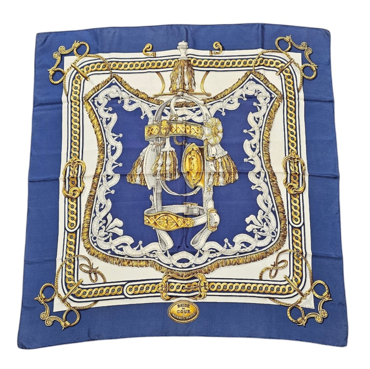 HERMES CARRE BRIDE DE COUR DE FRANCOISE DE LA PERRIERE FOND BLEU