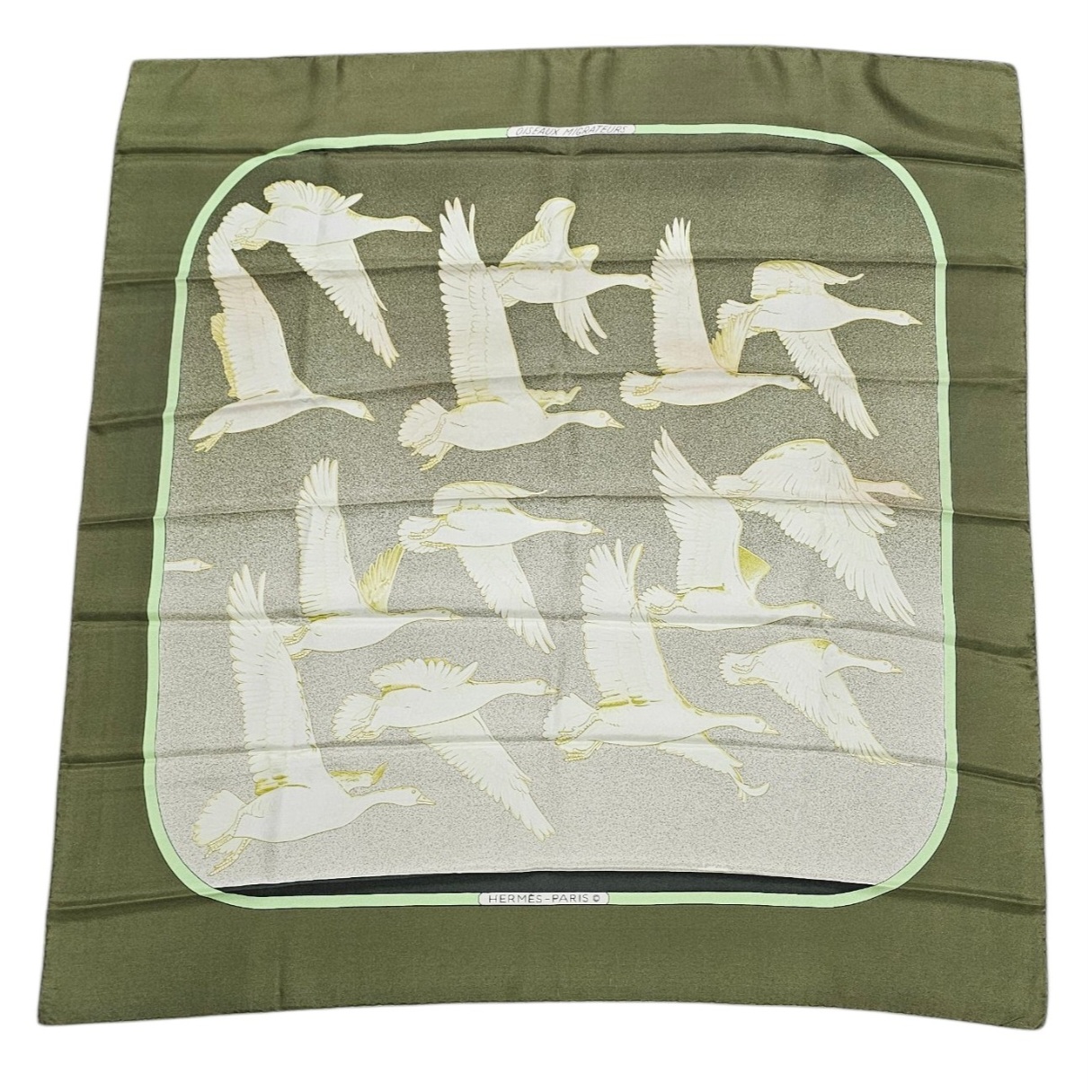 HERMES CARRE OISEAUX MIGRATEURS DE CATY LATHAM CONTOUR VERT KAKI (