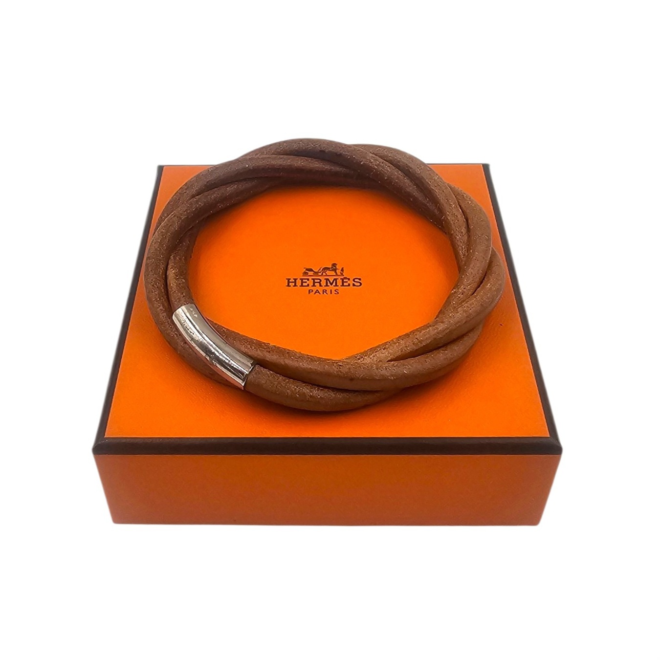 HERMES BRACELET TORNADO EN CUIR 3 RANGS TRESSES ET PALLADIUM ARGENTE + BOITE