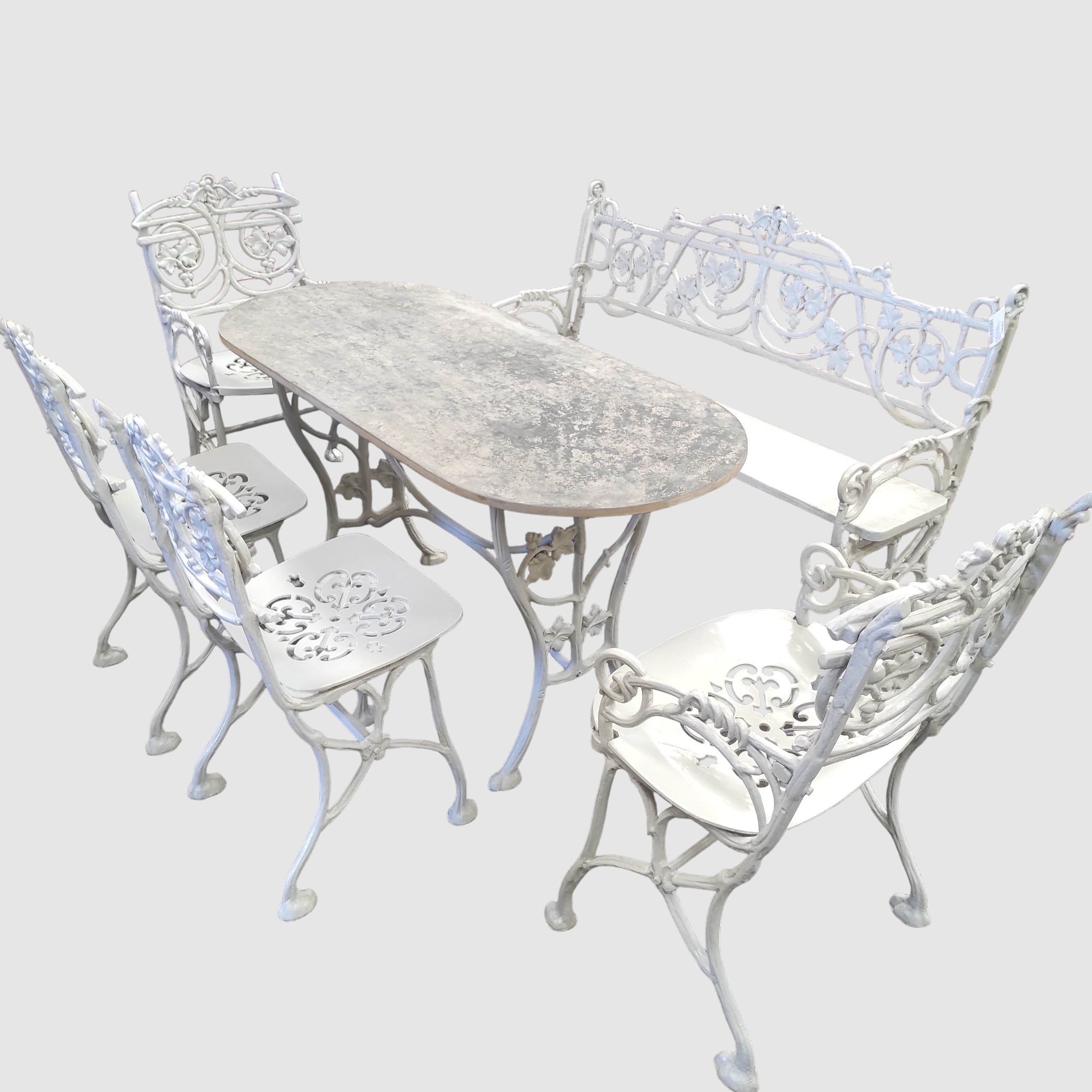 ENSEMBLE EN FONTE ALUMINIUM BANQUETTE + TABLE + 2 FAUTEUILS + 2 CHAISES