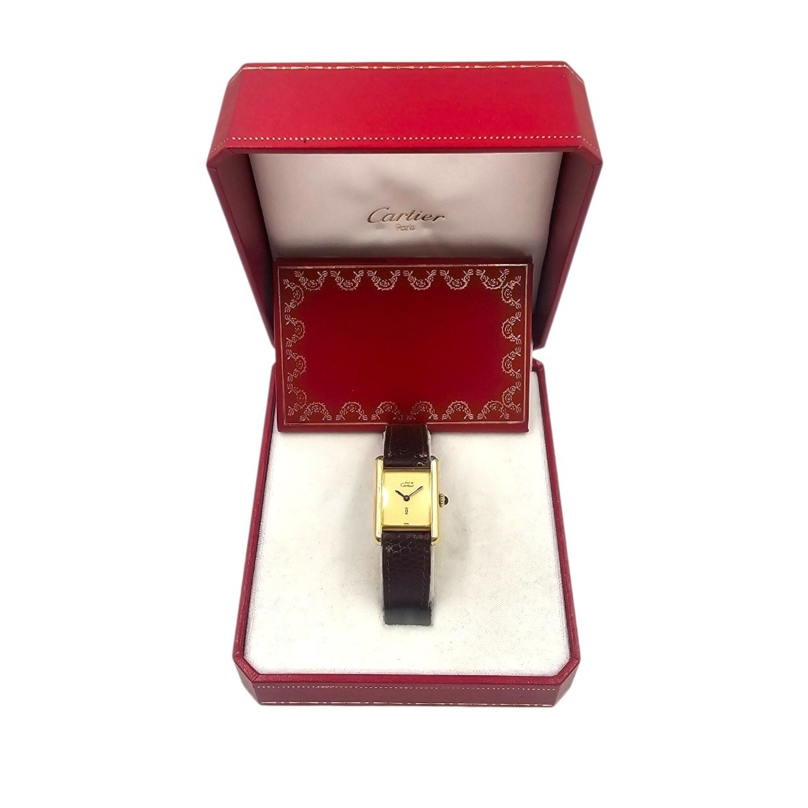 CARTIER MONTRE TANK MECANIQUE (3204303) ARGENT (925) PLAQUE OR + PAPIER + ECRIN