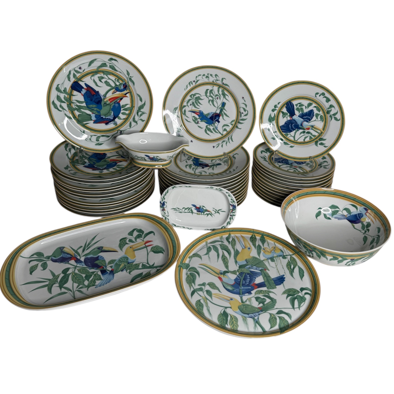 HERMES SERVICE TABLE TOUCANS 36 ASSIETTES + 4 PIECES DE SERVICE + BOITES