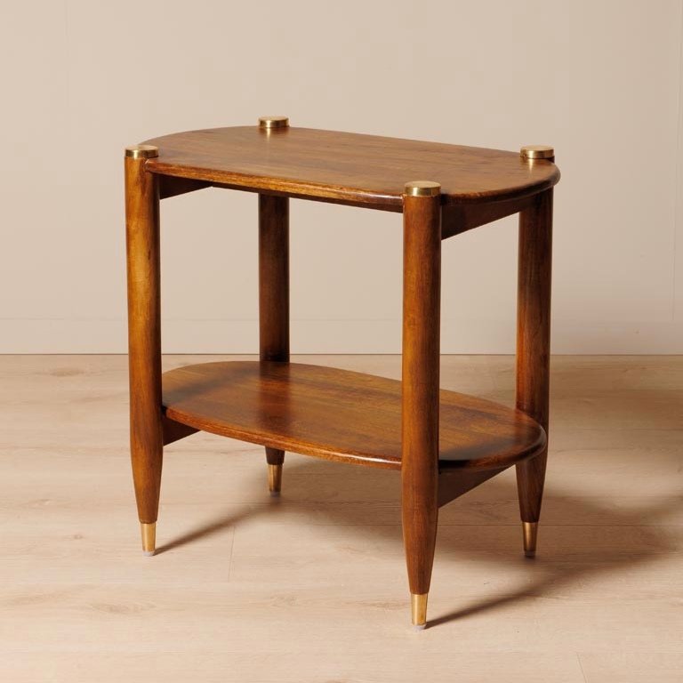 TABLE APPOINT 2 PLATEAUX EN MANGUIER ET EMBOUTS LAITON