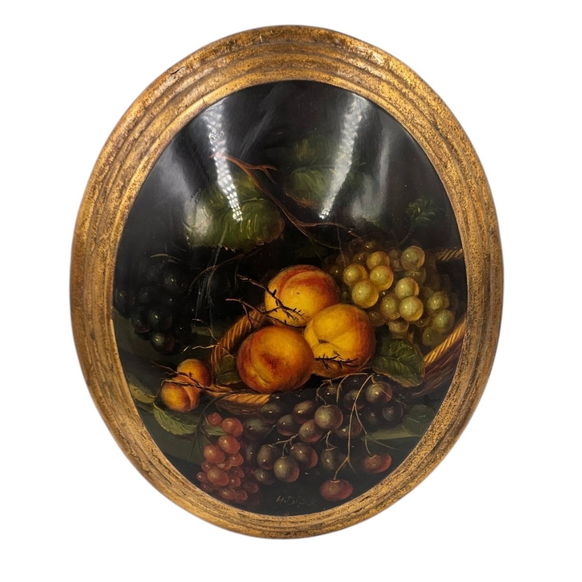 NATURE MORTE AUX FRUITS EMAILLE ENCADREMENT OVALE 32 X 27 CM