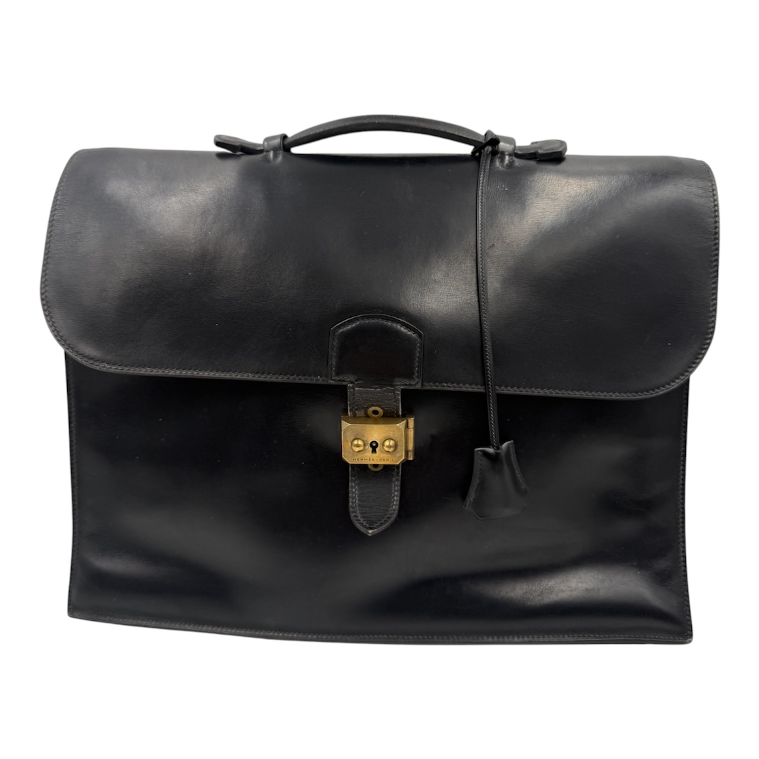 HERMES SAC A DEPECHES 2 SOUFFLETS CUIR BOX NOIR AVEC CLOCHE ET CLES VINTAGE
