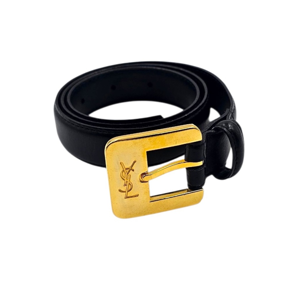 YSL YVES SAINT LAURENT CEINTURE EN CUIR NOIR BOUCLE DOREE T. 70 