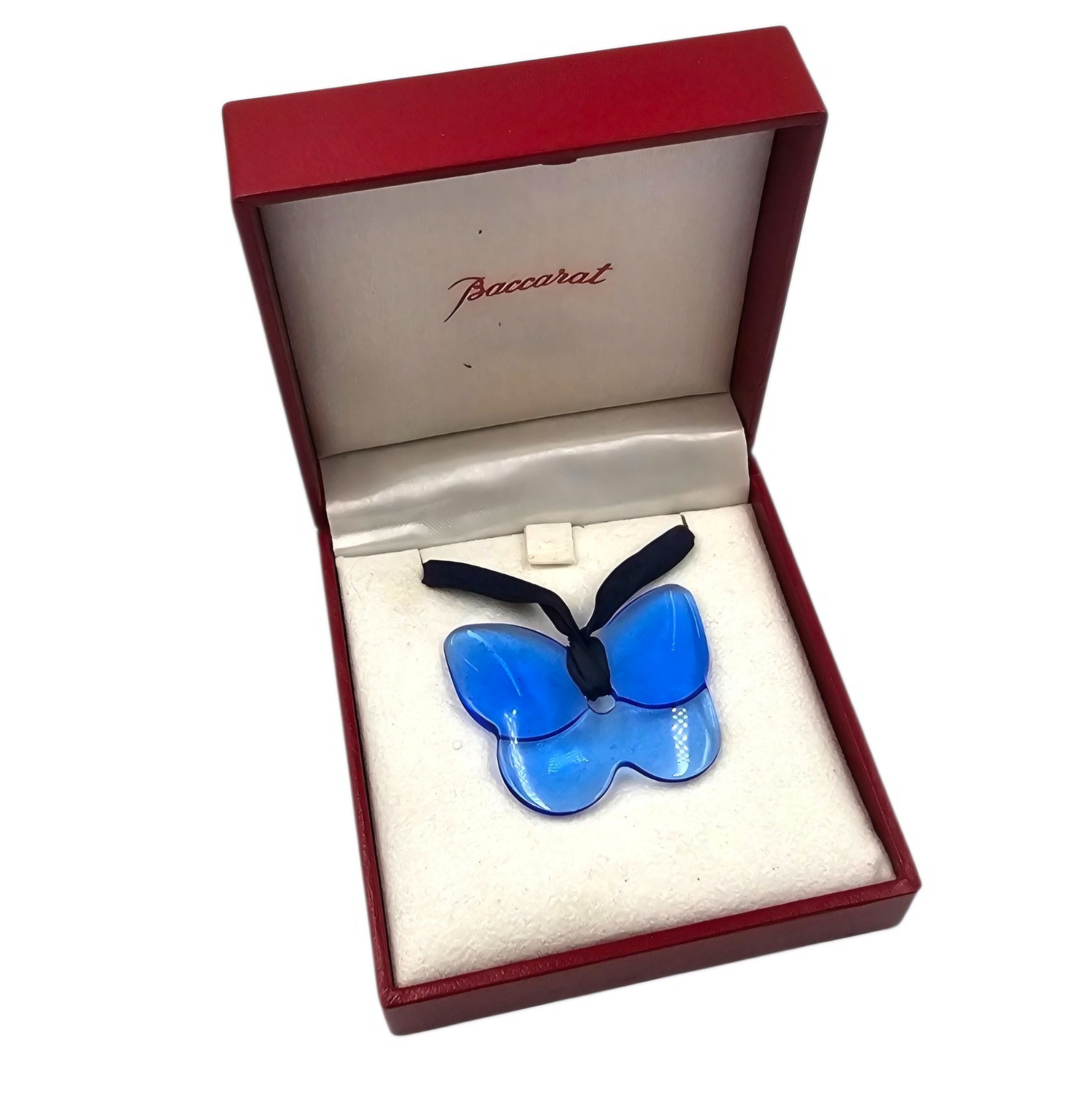 BACCARAT PENDENTIF PAPILLON CRISTAL BLEU SUR CORDON + ECRIN