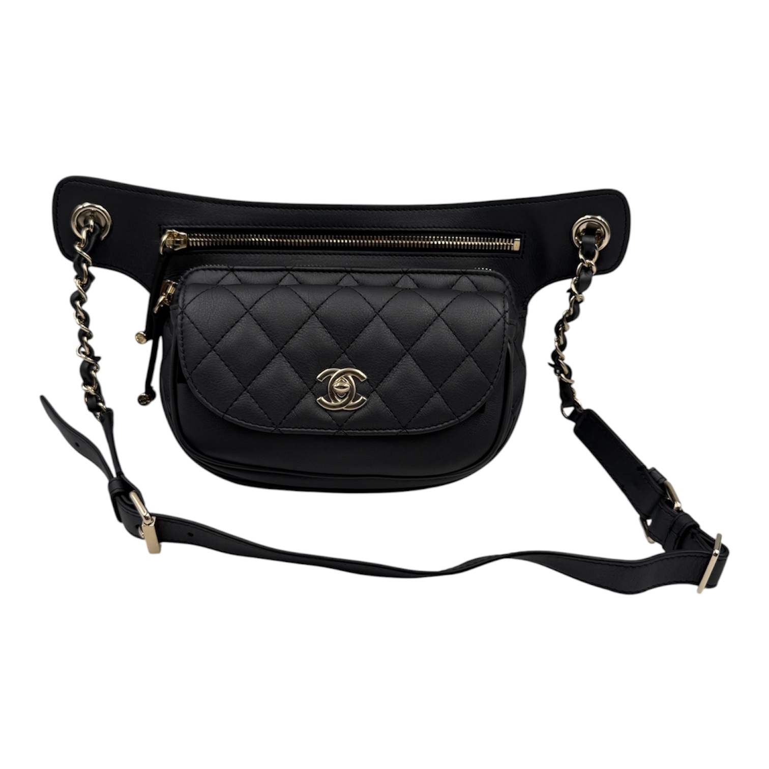 CHANEL SAC BANANE EN CUIR DE VEAU NOIR (281720) ET SON DUST BAG