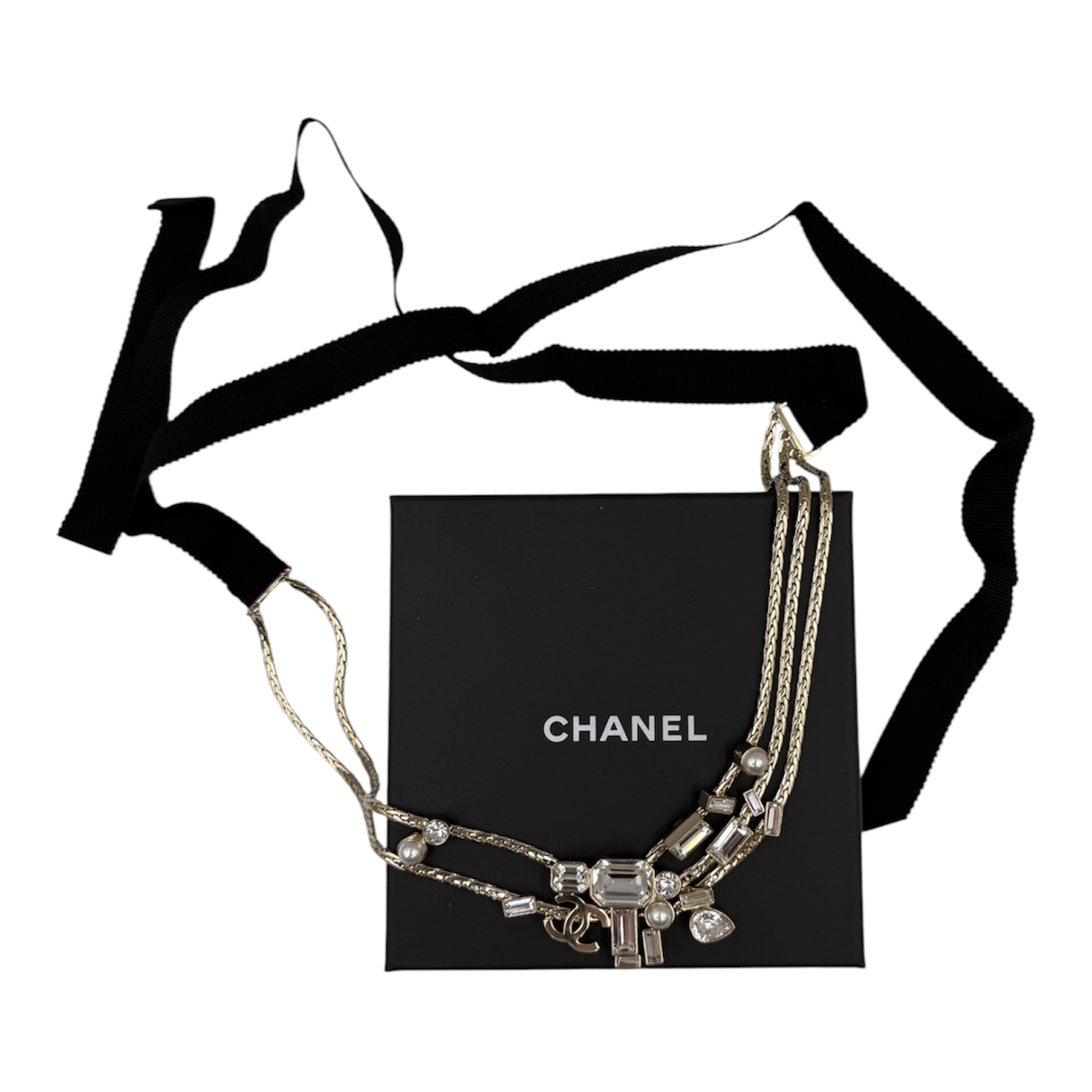 CHANEL COLLIER CHOKER / HAIRBAND EN METAL DORE, PERLES, STRASS A-H 2022 + BOITE