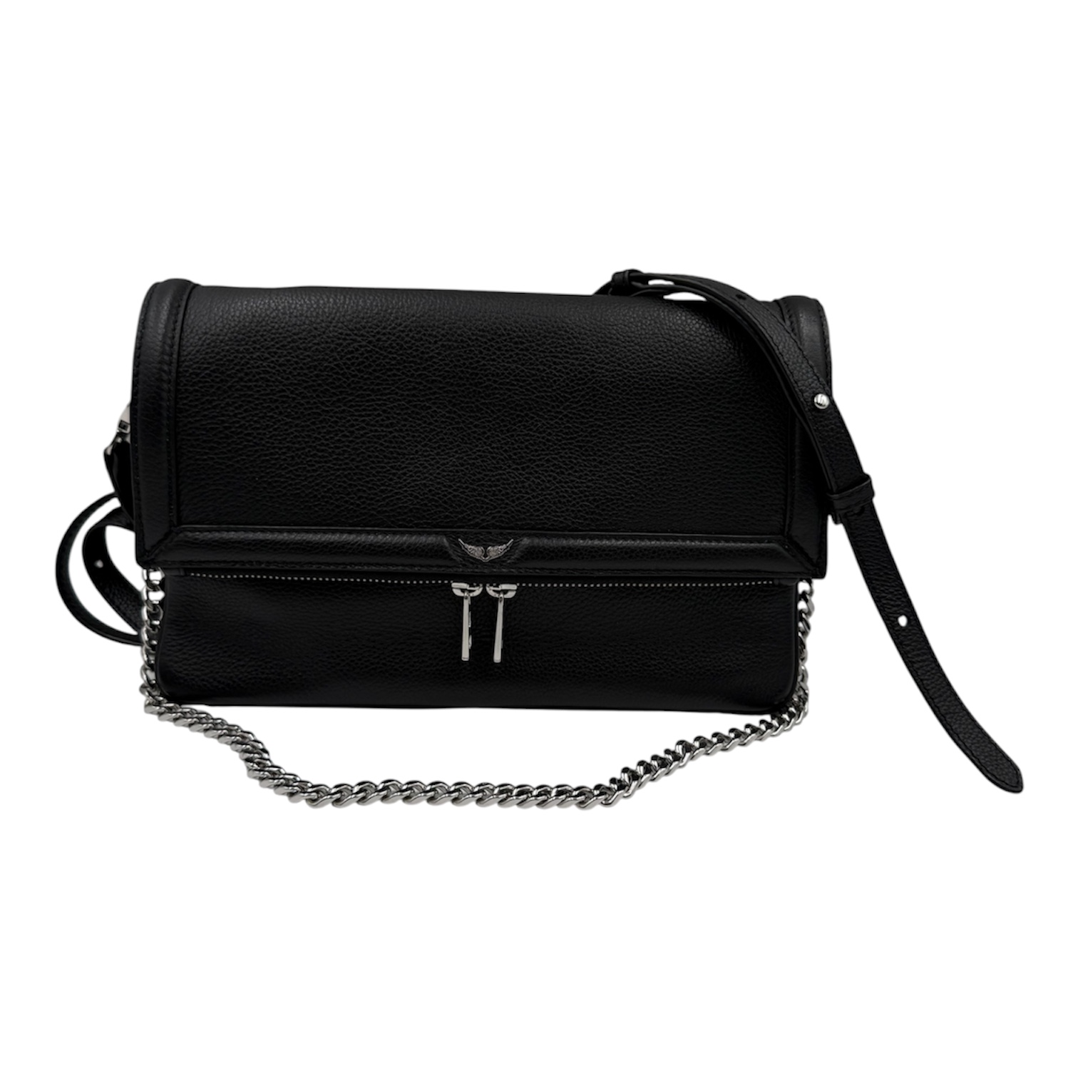 ZADIG & VOLTAIRE SAC ROCK NOVEL EN CUIR GRAINE NOIR 2 BANDOULIERES + PAPIER + DB
