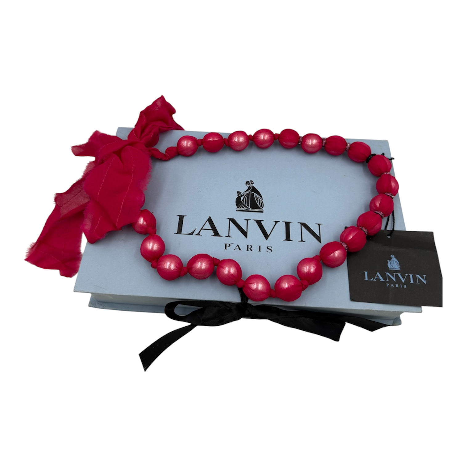 LANVIN COLLIER ROSE SHOCKING PERLES ENVELOPPES TULLE DE SOIE CRISTAUX