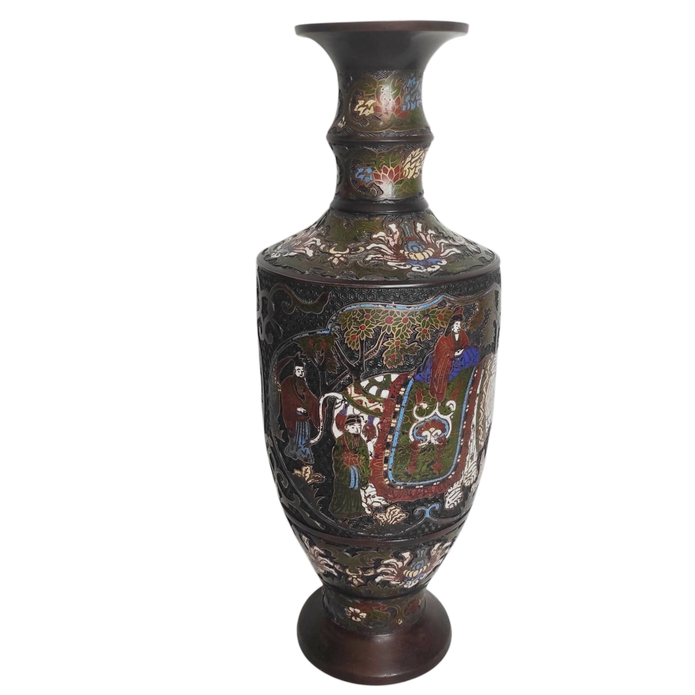 VASE ORIENTAL EN BRONZE EMAILLE A DECOR D ELEPHANT BLANC H 54 CM