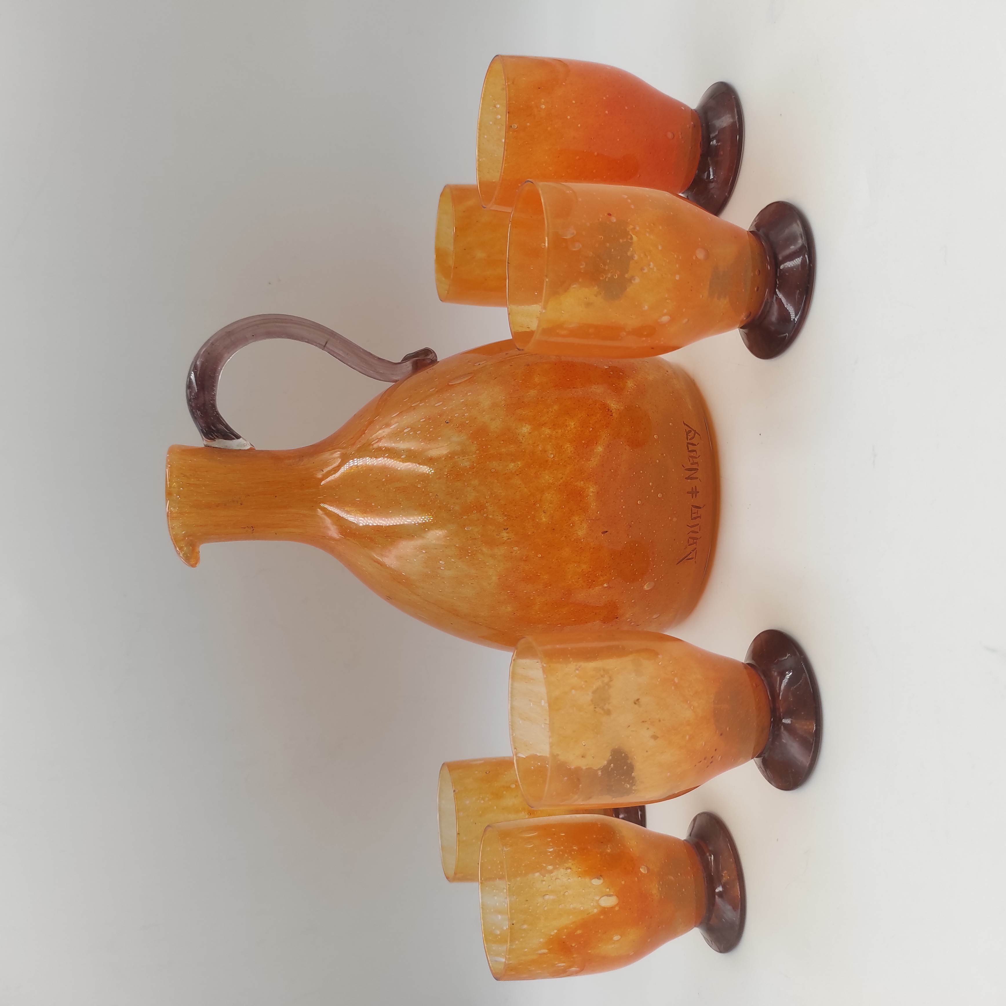 DAUM NANCY SERVICE A LIQUEUR ART DECO EN VERRE ORANGE ET VIOLET
