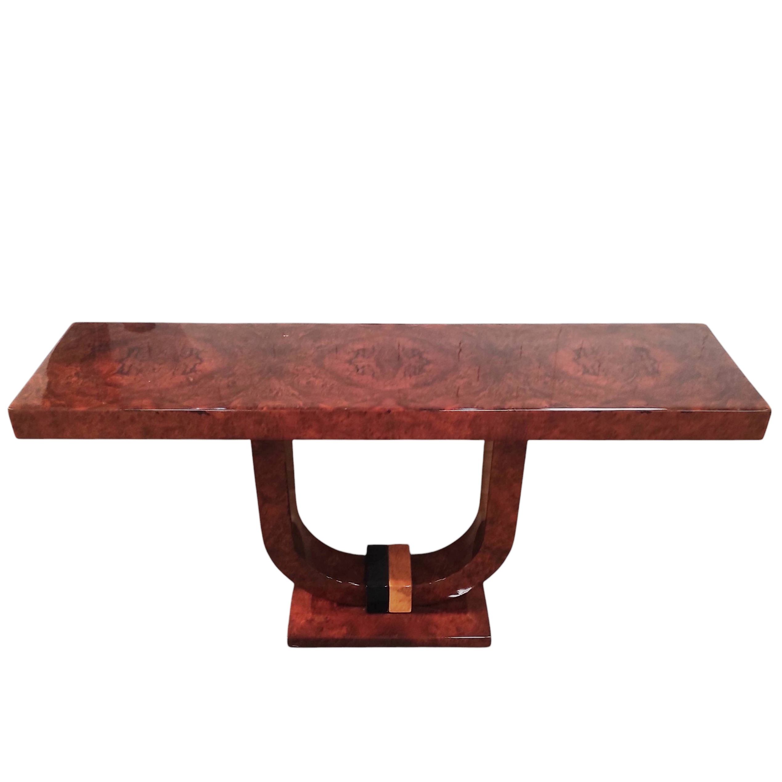 CONSOLE ART DECO PLACAGE DE NOYER ET CITRONIER SUR LA BASE 160 X40 X 82 CM