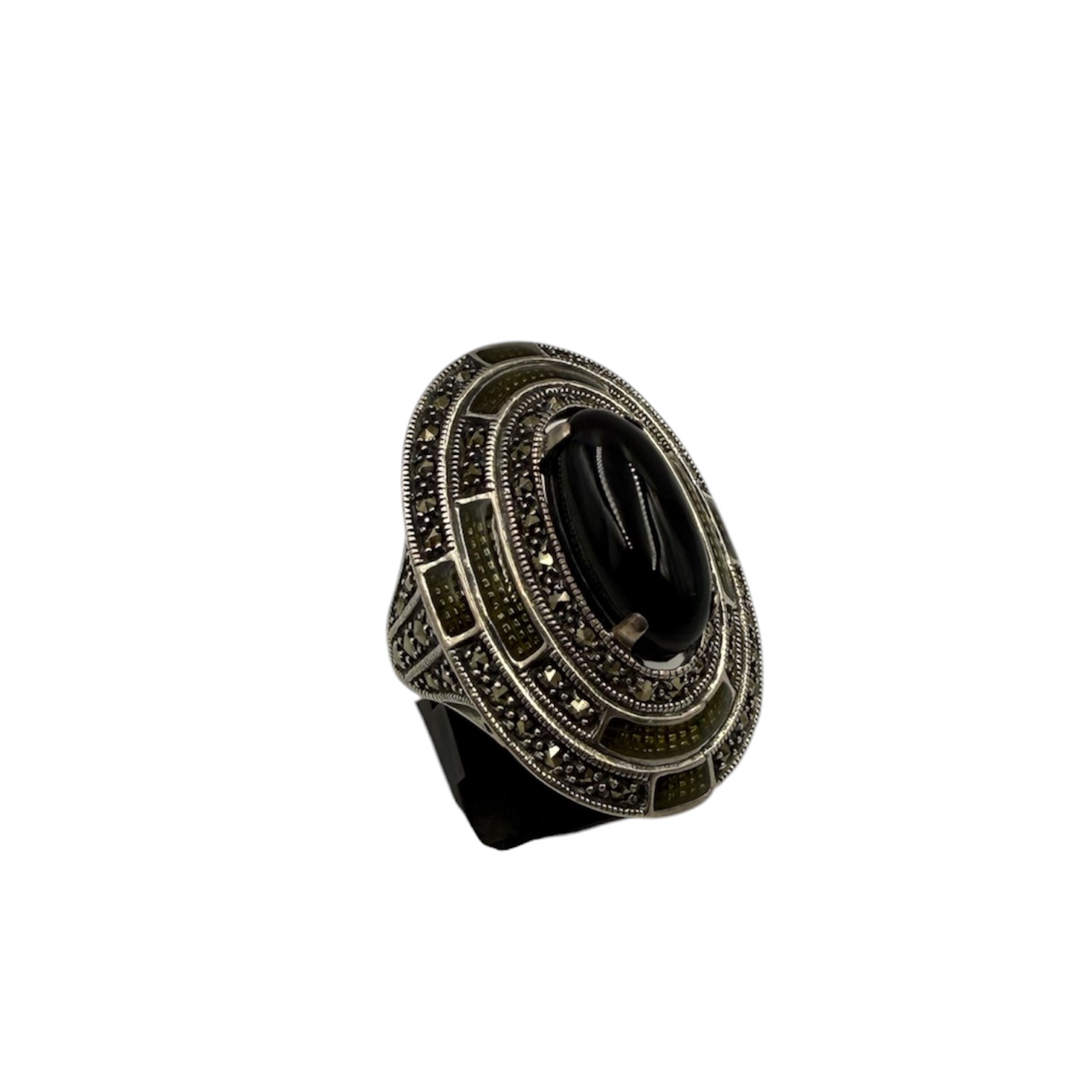 BAGUE COCKTAIL STYLE ART DECO ARGENT (925) ONYX ET MARCASSITES PB 16.09 GR