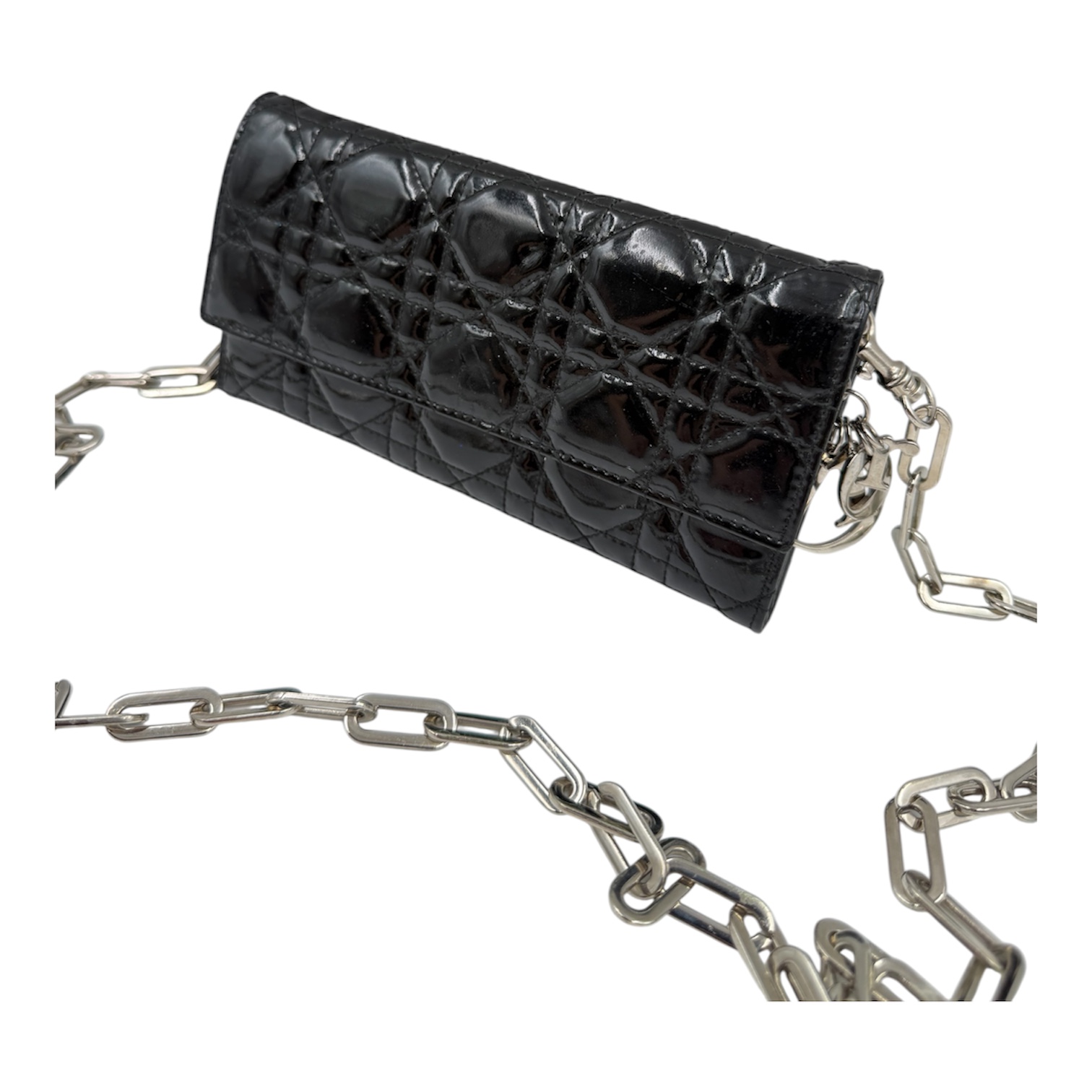 CH DIOR POCHETTE LADY DIOR CUIR VERNI CANNAGE NOIR 02-LO-1028 CHAINE PAS DIOR