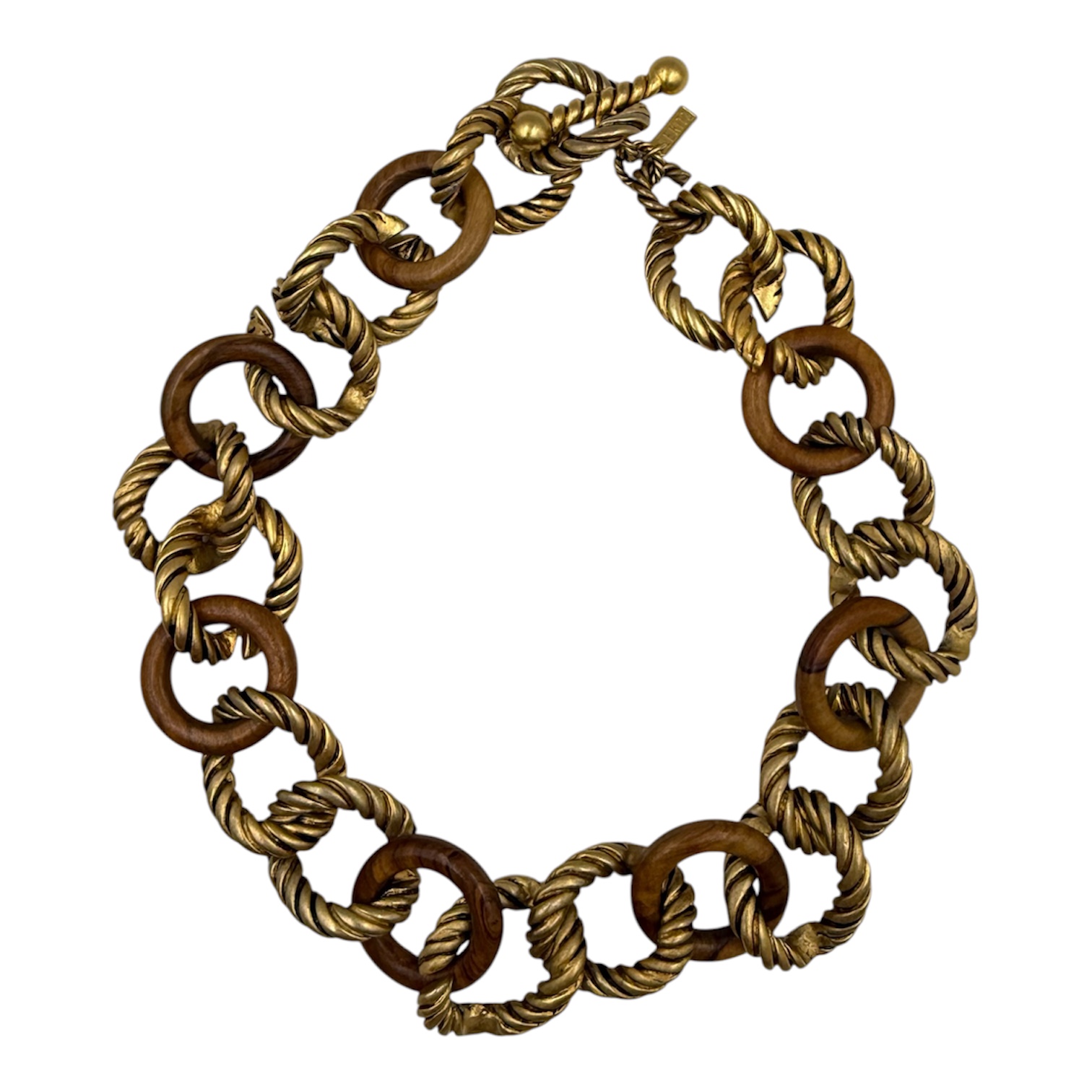 LERITZ COLLIER MAILLE EN METAL DORE ET BOIS FERMOIR EN T